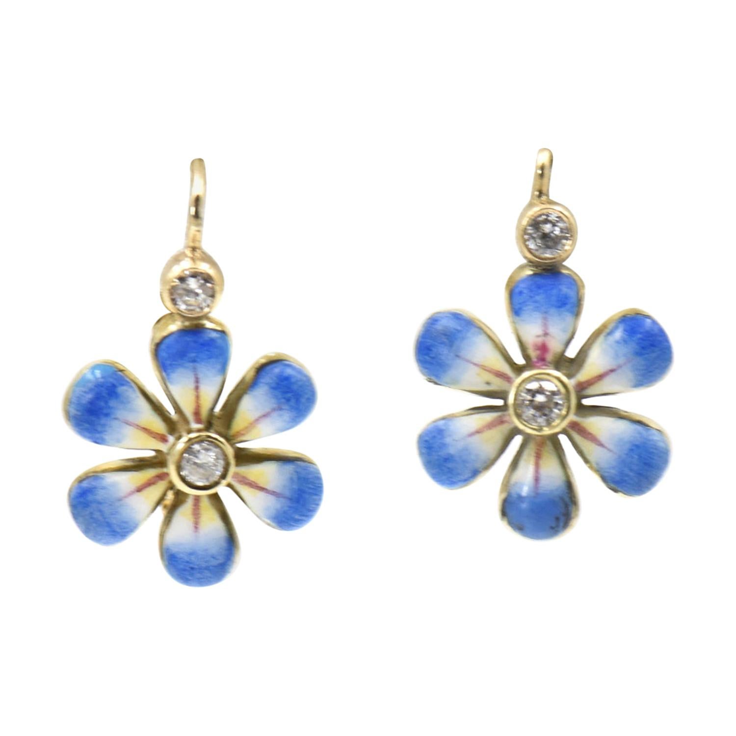 Dangling Blue Daisy Enamel Flower Diamond Gold Earrings by Sandra J Sensations