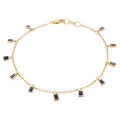 Dangling Blue Sapphire Charm Chain Bracelet Mounted in 18K Yellow Gold