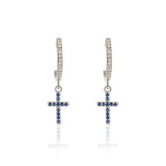 Sapphire Cross Dainty Hoop Earrings with Diamonds 18k Solid White Gold