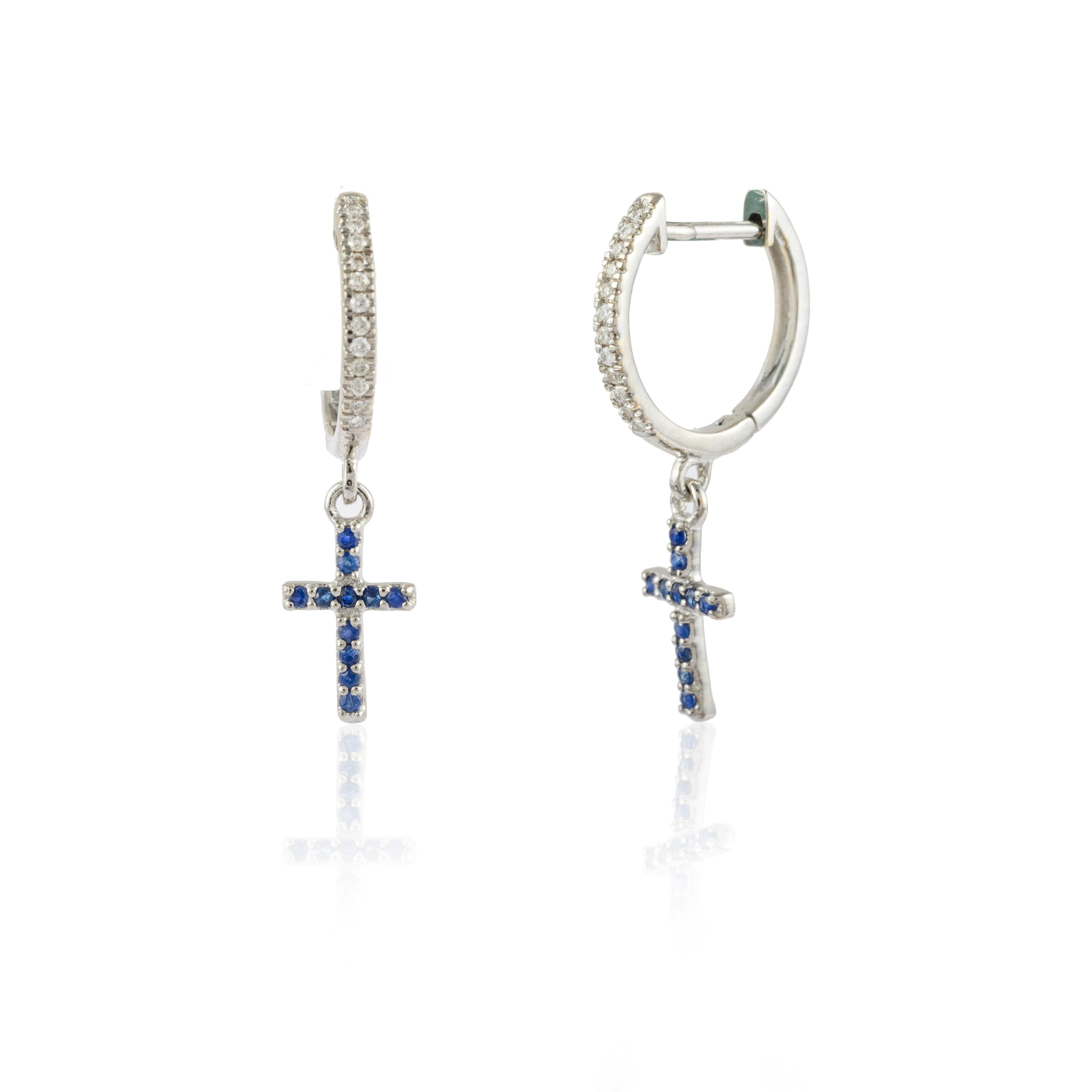 Art Deco Sapphire Cross Dainty Hoop Earrings with Diamonds 18k Solid White Gold For Sale