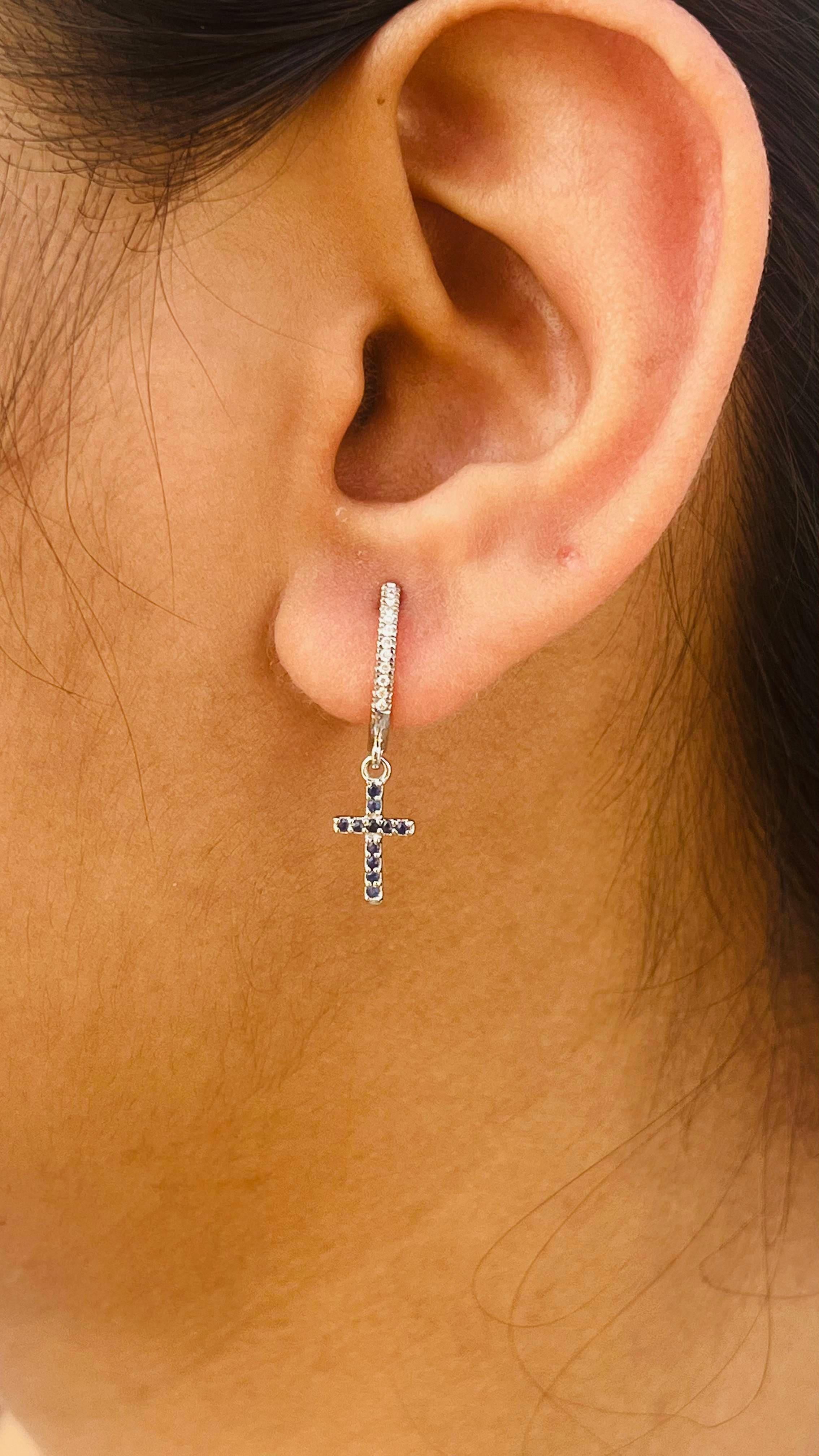 Sapphire Cross Dainty Hoop Earrings with Diamonds 18k Solid White Gold In New Condition For Sale In Houston, TX