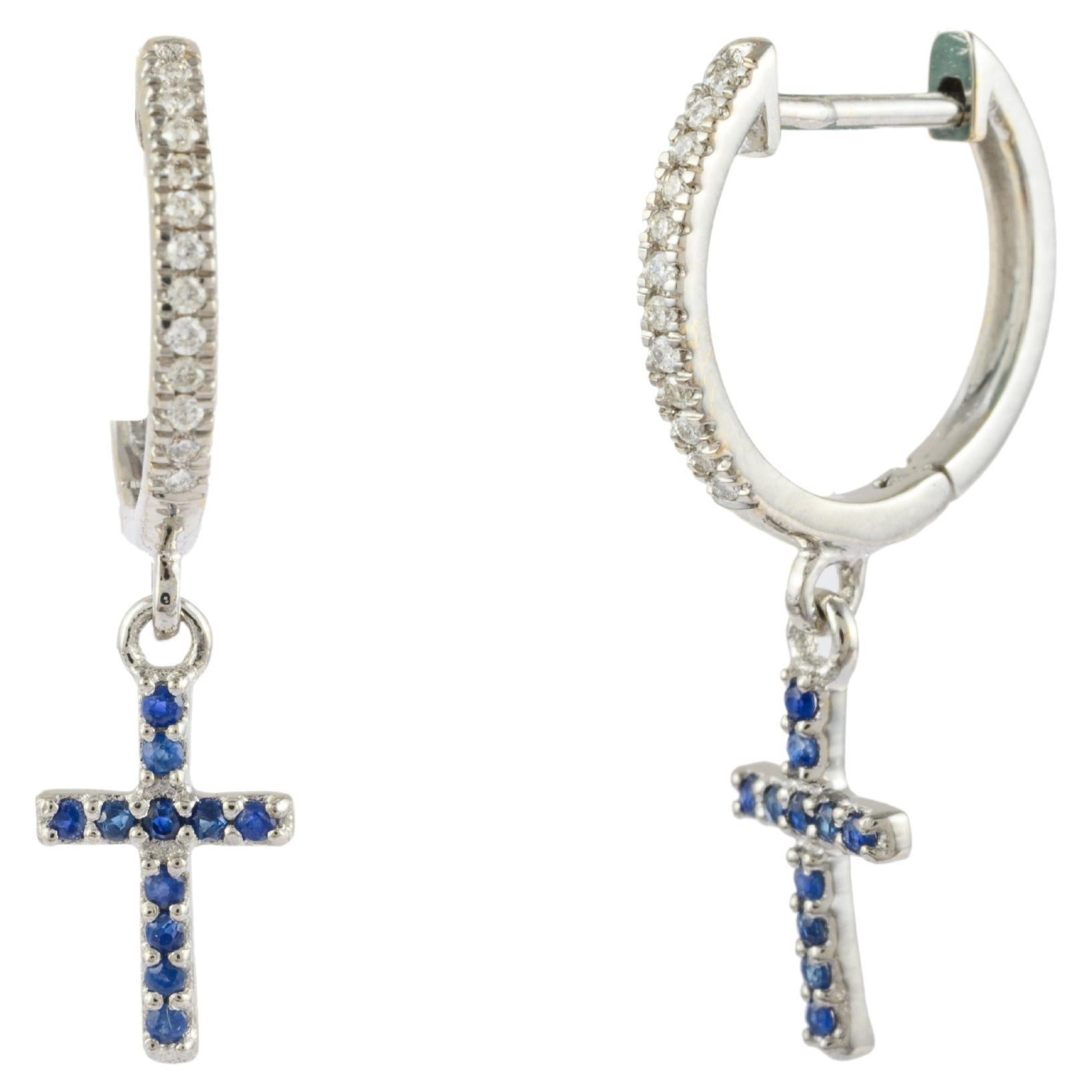 Sapphire Cross Dainty Hoop Earrings with Diamonds 18k Solid White Gold For Sale