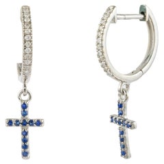 Boucles d'oreilles Croix en saphir avec diamants Or blanc massif 18k