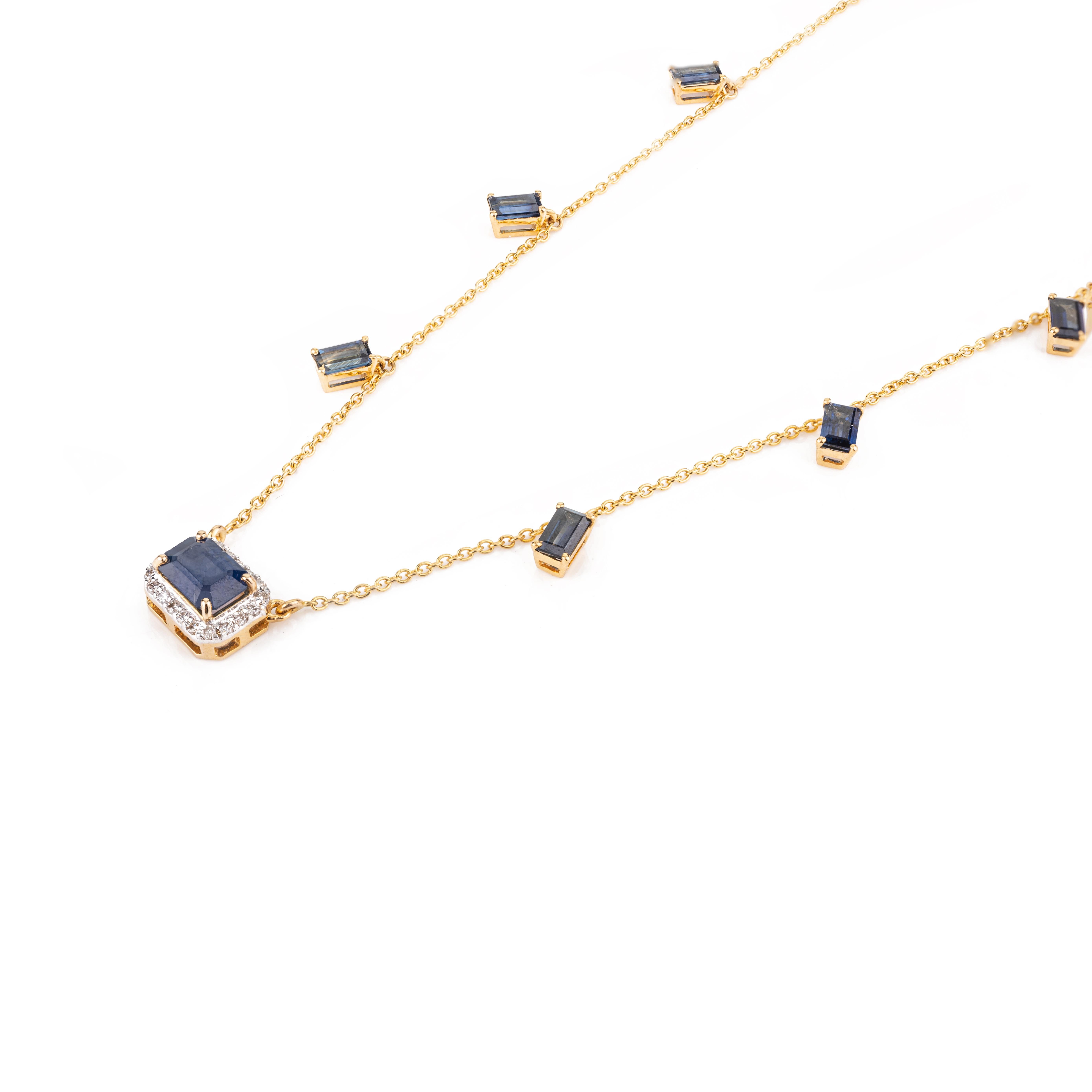 Modern Dangling Blue Sapphire Diamond 14k Yellow Gold Chain Necklace Gift for Her For Sale