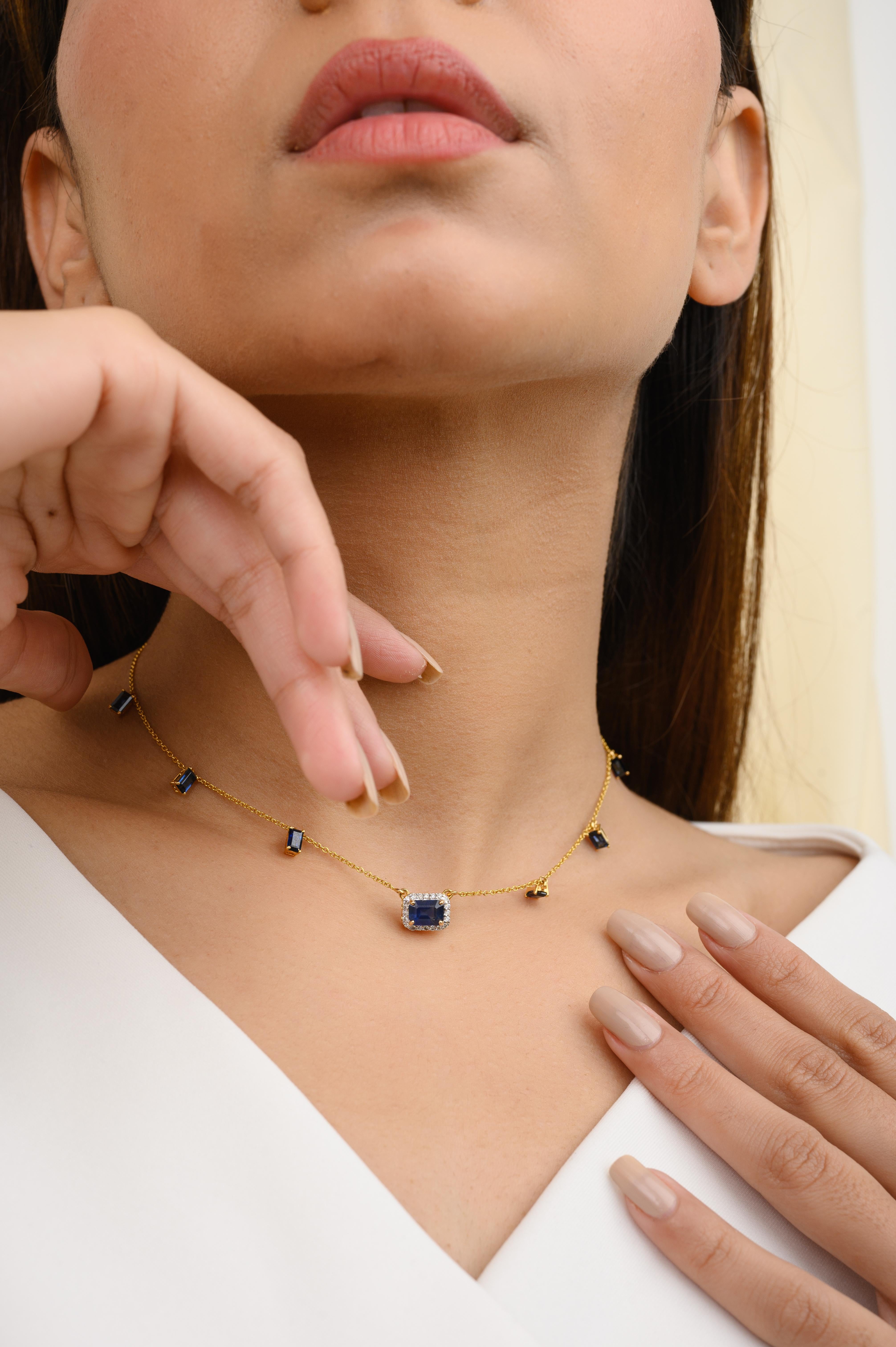 Mixed Cut Dangling Blue Sapphire Diamond 14k Yellow Gold Chain Necklace Gift for Her For Sale
