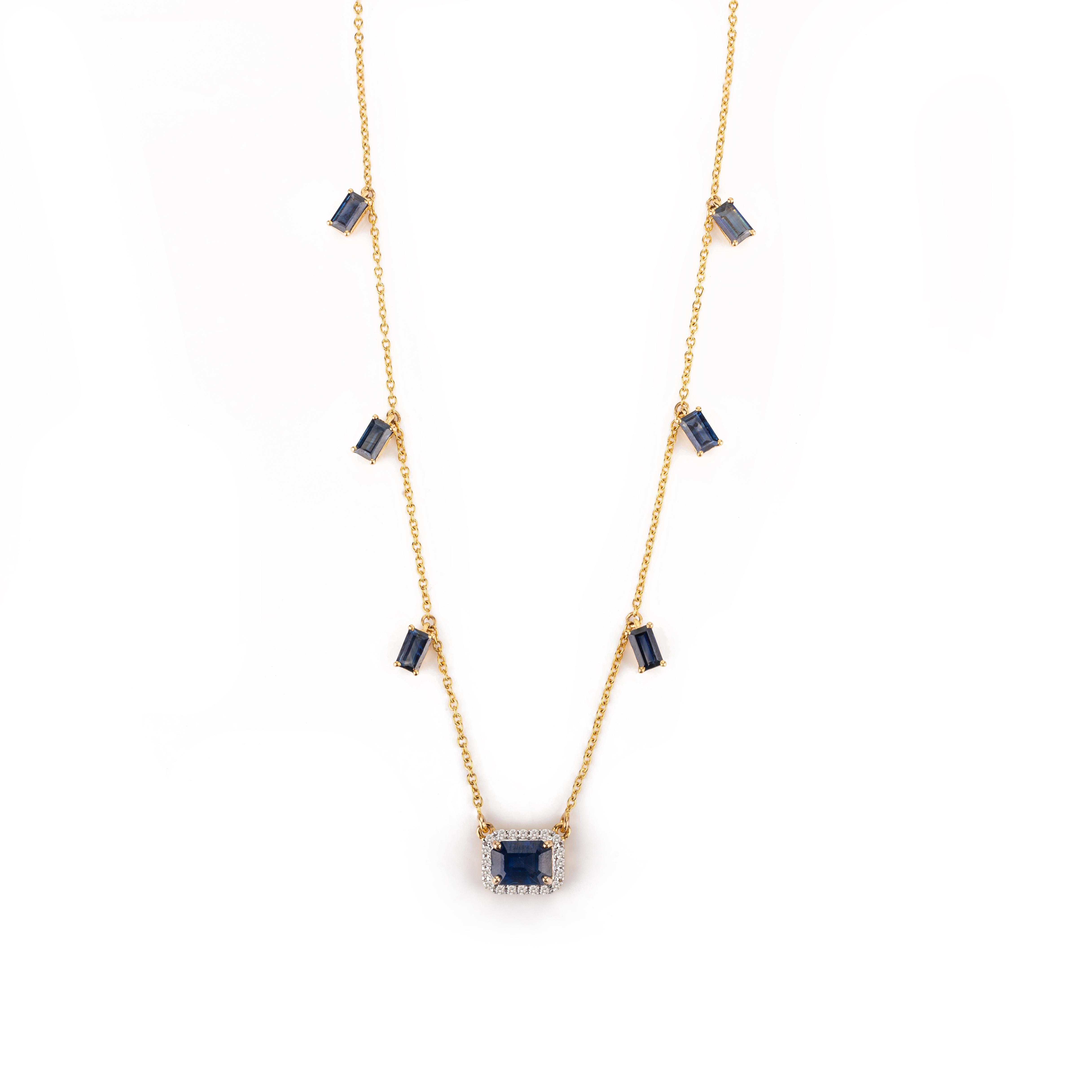 Halskette aus 14 Karat Gelbgold mit baumelndem blauem Saphir und Diamant, Geschenk für sie Damen im Angebot