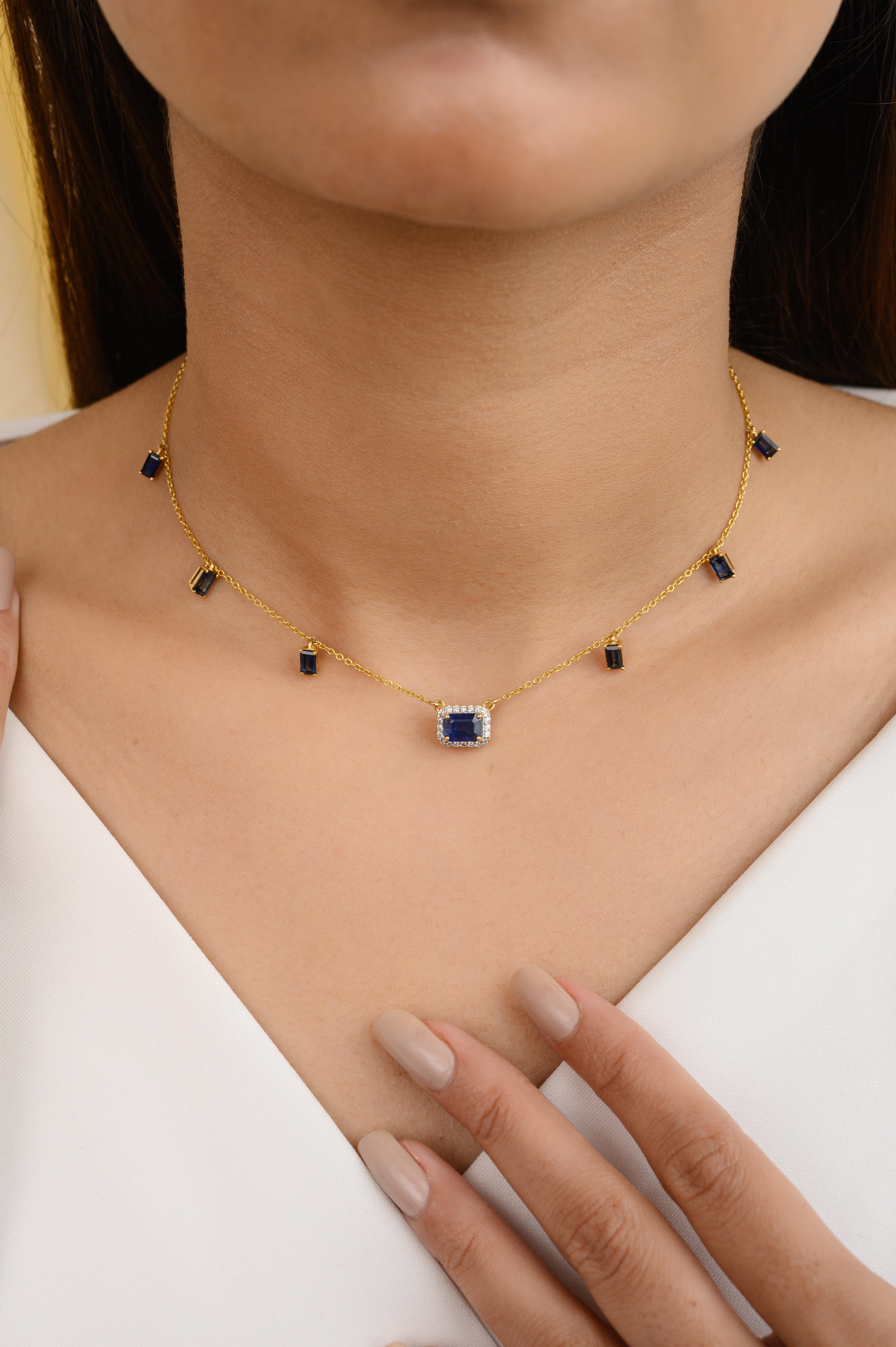 Halskette aus 14 Karat Gelbgold mit baumelndem blauem Saphir und Diamant, Geschenk für sie im Angebot 1