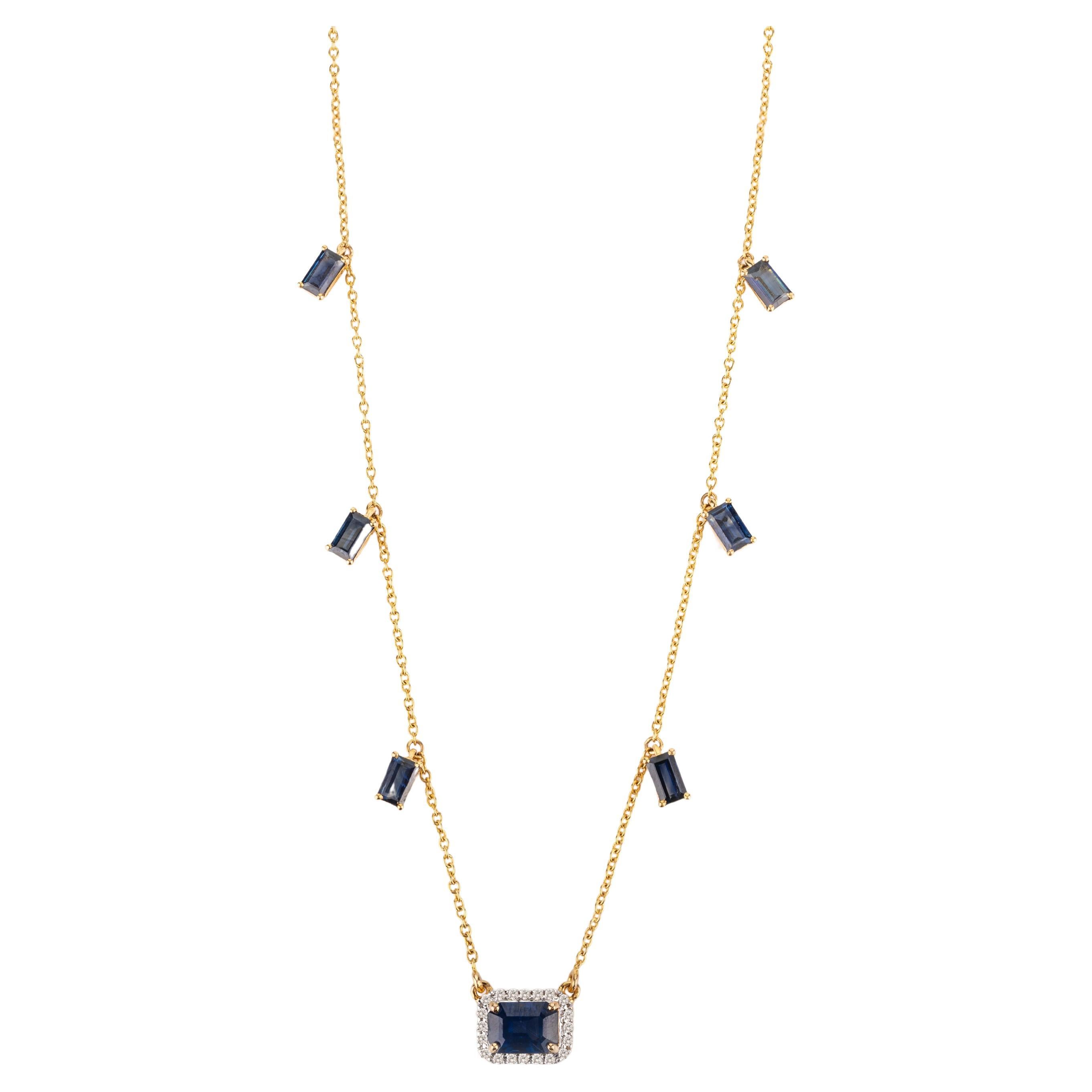 Halskette aus 14 Karat Gelbgold mit baumelndem blauem Saphir und Diamant, Geschenk für sie im Angebot