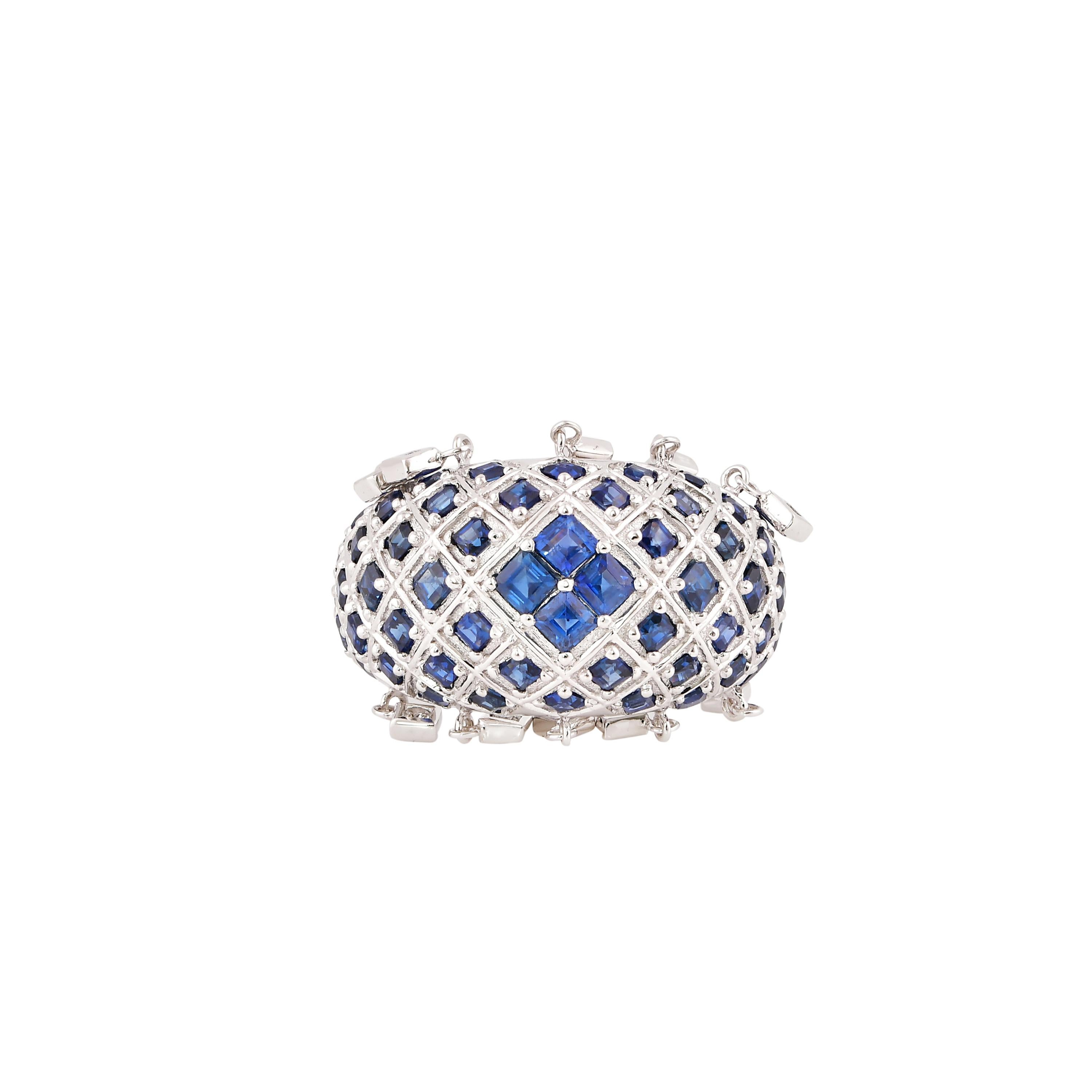 Contemporary Dangling Blue Sapphire & Diamond Ring in 18 Karat White Gold For Sale