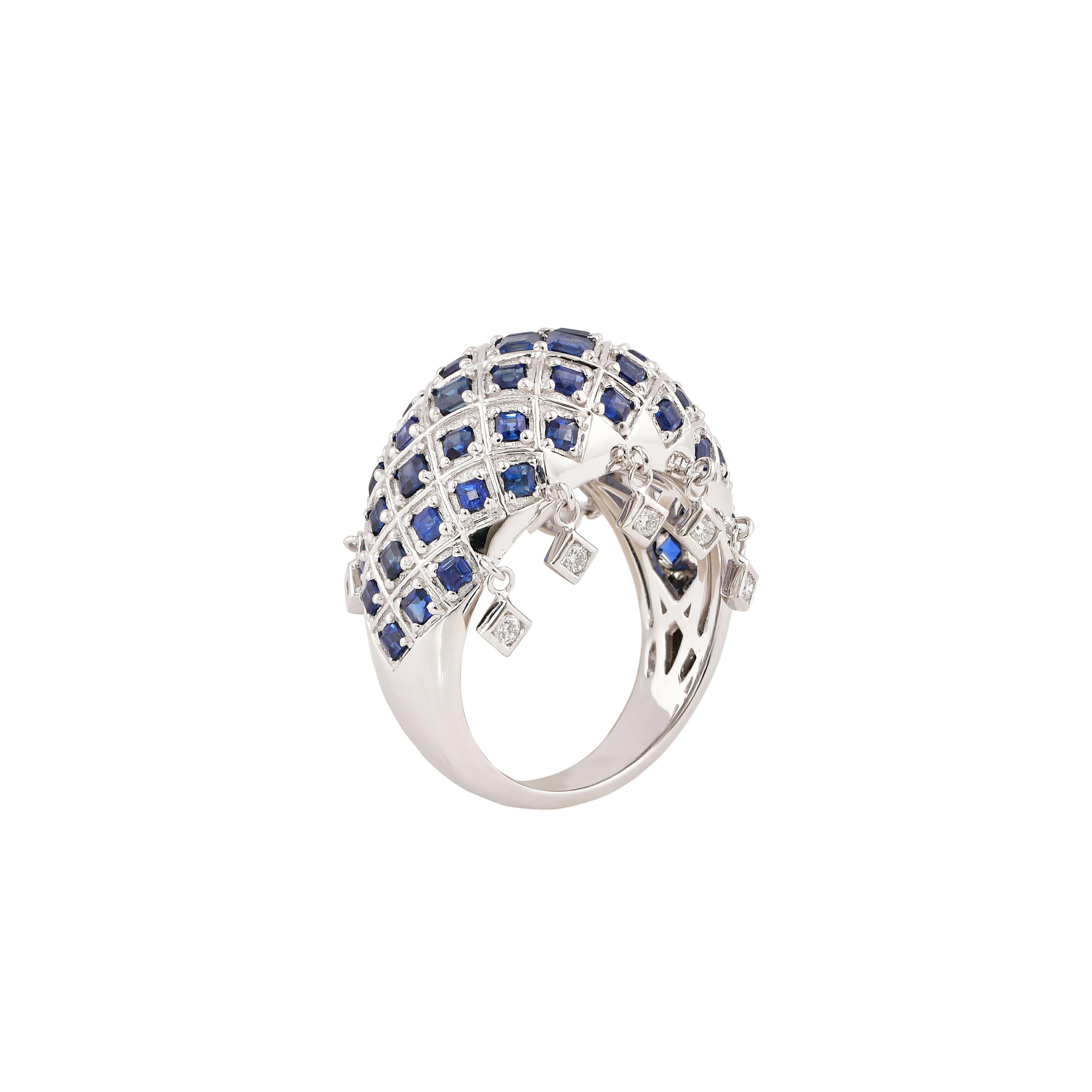 Square Cut Dangling Blue Sapphire & Diamond Ring in 18 Karat White Gold For Sale