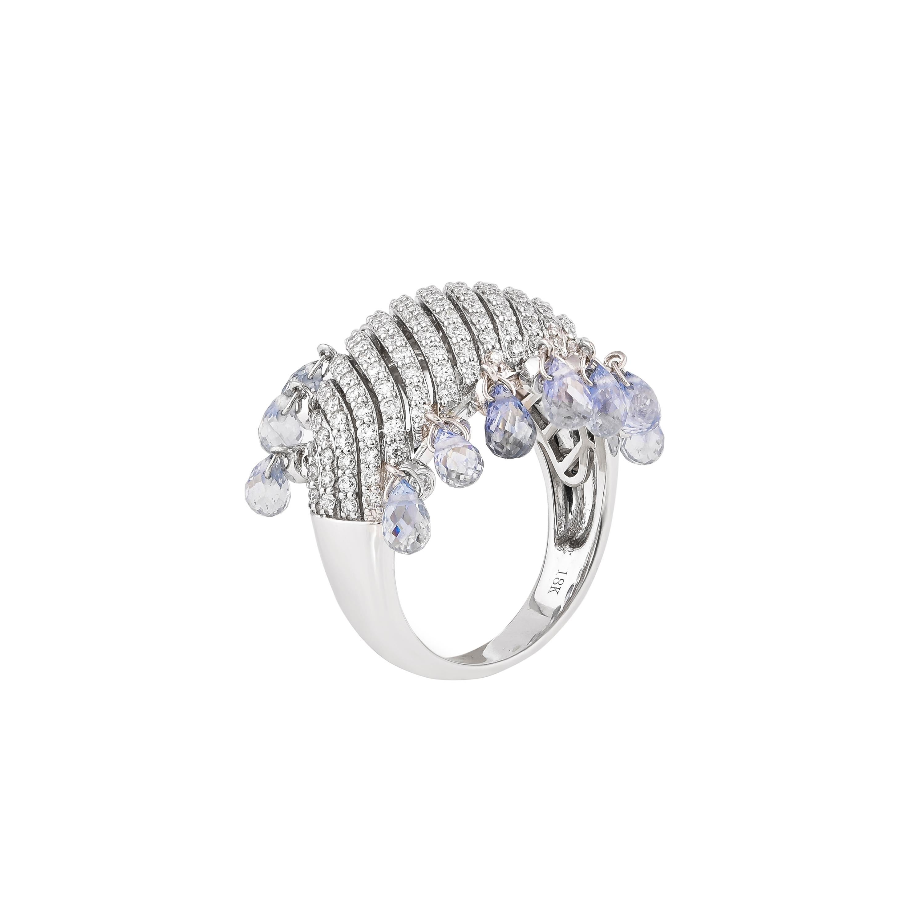 Briolette Cut Dangling Blue Sapphire Drops & Diamond Ring in 18 Karat White Gold For Sale