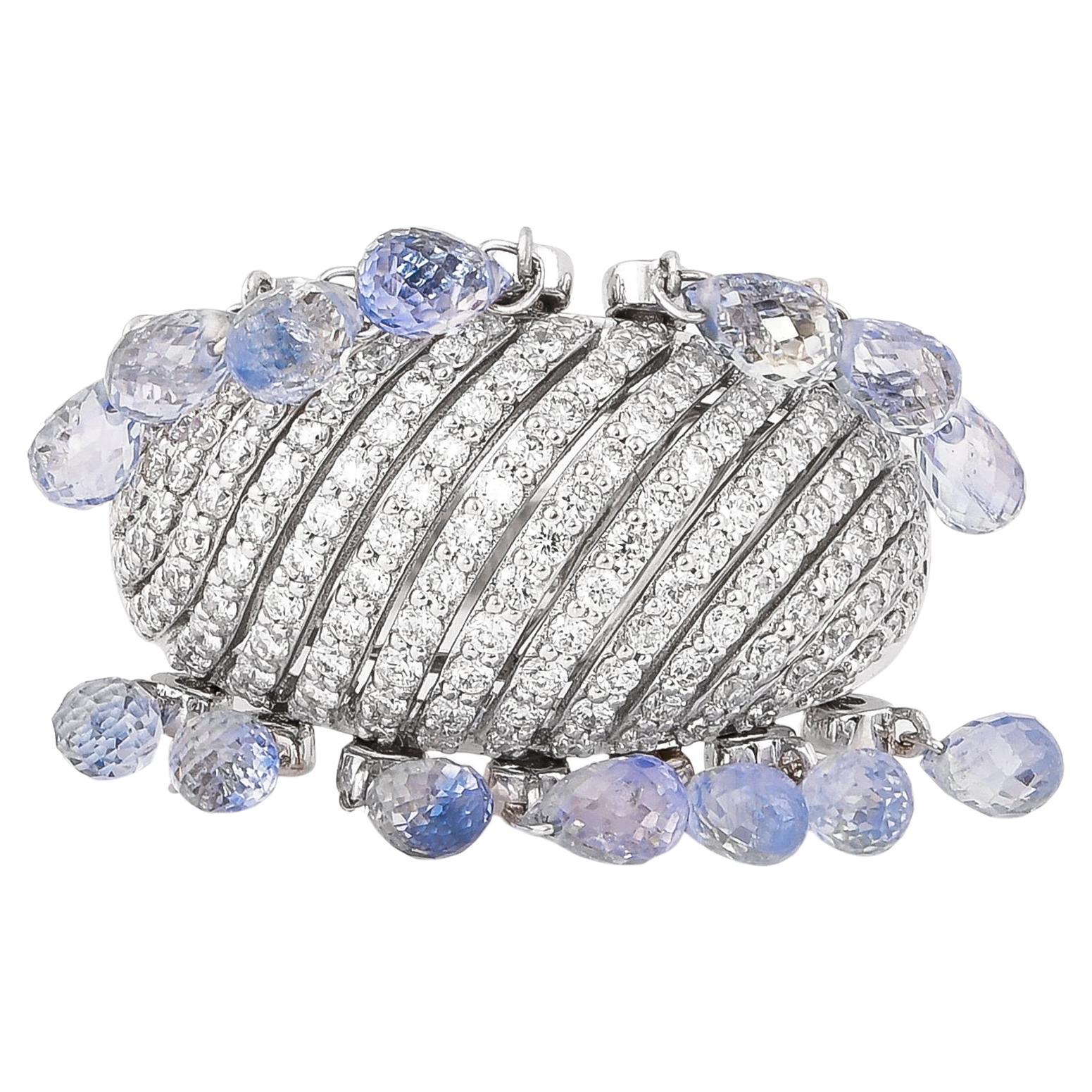 Dangling Blue Sapphire Drops & Diamond Ring in 18 Karat White Gold For Sale