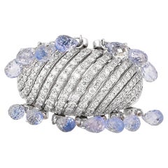 Dangling Blue Sapphire Drops & Diamond Ring in 18 Karat White Gold