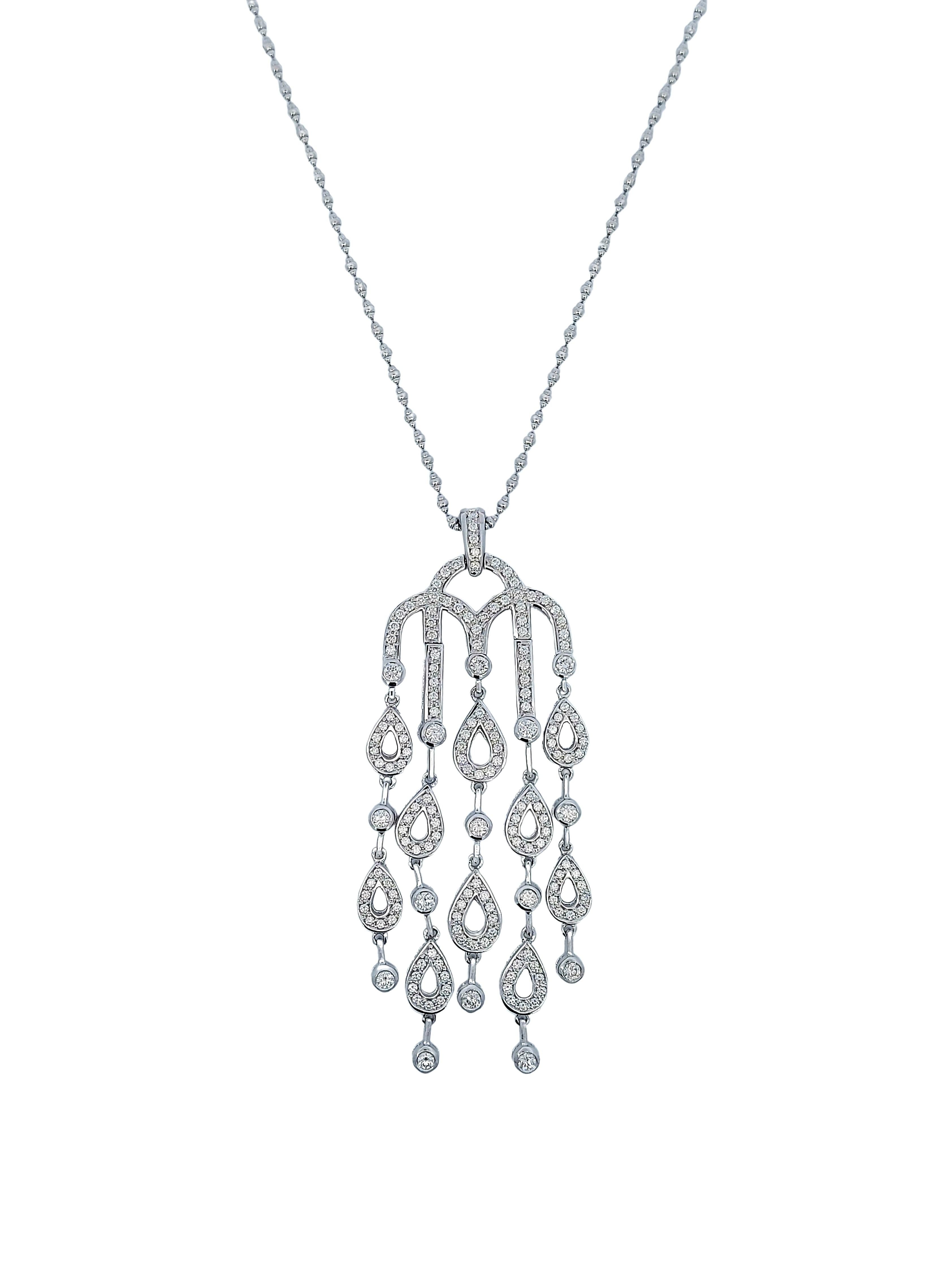 Unique Luxurious Dangling Chandelier 18kt White Gold Necklace With 5.4ct Diamonds

Diamonds: brilliant cut diamonds, together approx. 5.40ct

Material: 18kt white gold

Measurements: 27.5 mm x 80 mm x 2.6 mm
Necklace length 40cm

Total weight: 28.9