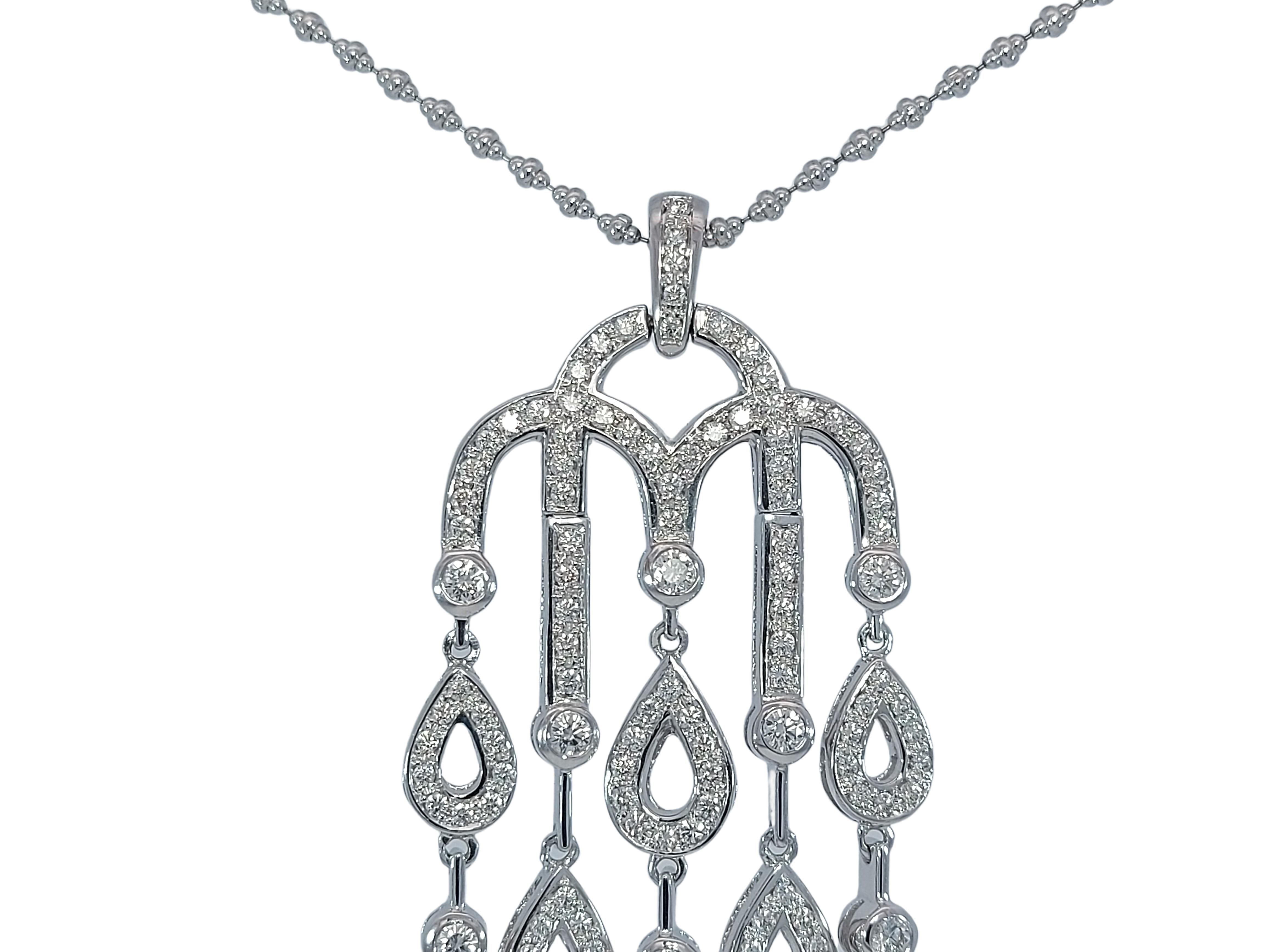 Artisan Dangling Chandelier 18kt White Gold Necklace with 5.4ct Diamonds For Sale