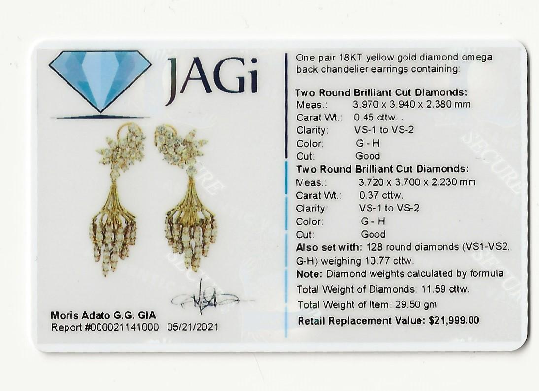 Dangling Chandelier Earrings in 18 Karat Gold 11.59 Carats Total Round Diamonds For Sale 5
