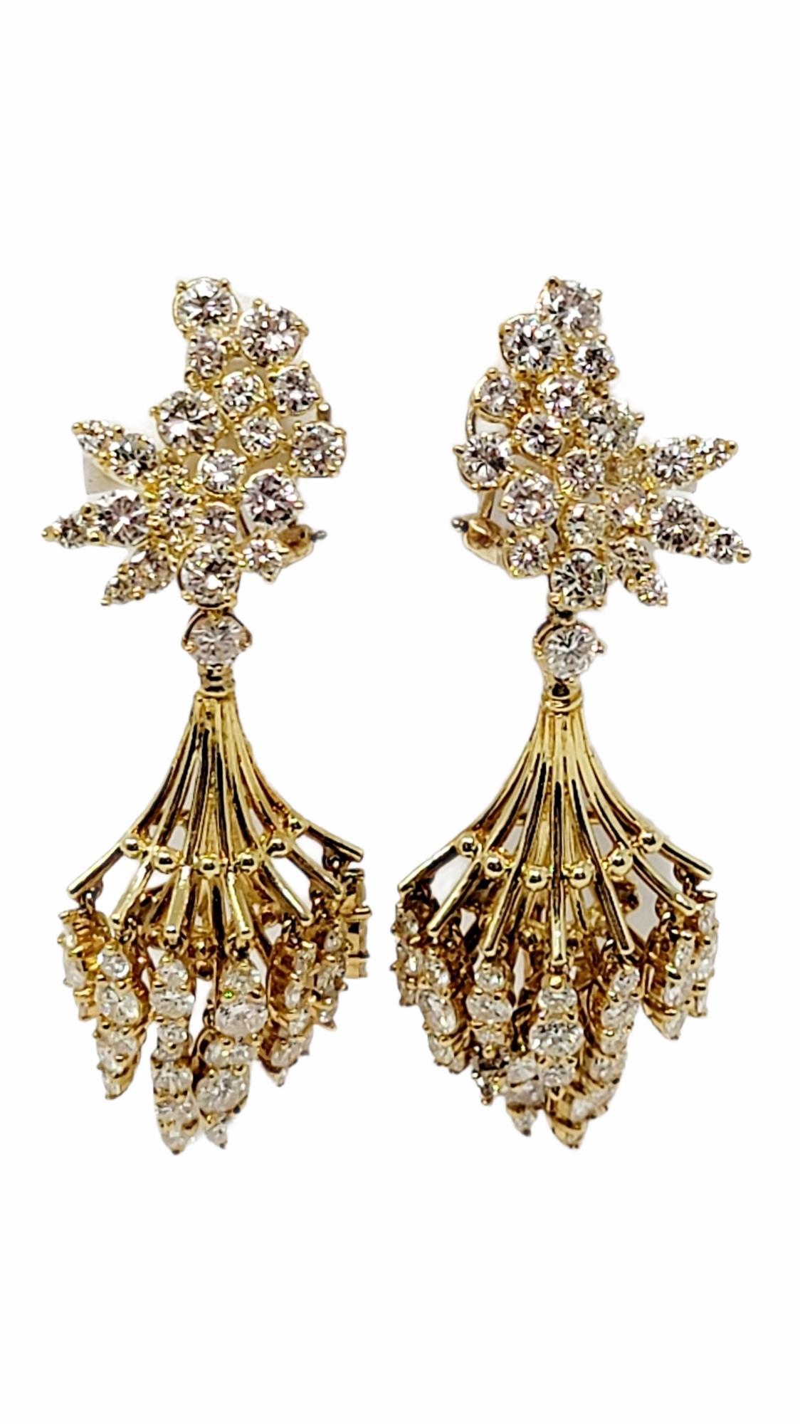 Luxurious, Old World style diamond chandelier earrings are bursting with undeniable sparkle. These exquisite earrings are simply stunning, featuring a unique cluster of icy white diamonds, paired with a cascading spray of additional dangling