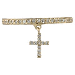 Dangling Cross Charm 14k Yellow Gold Pave Diamond Band Ring Fine Jewelry