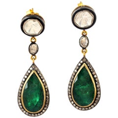 Dangling Diamond and Emerald Earring in Silver and Gold