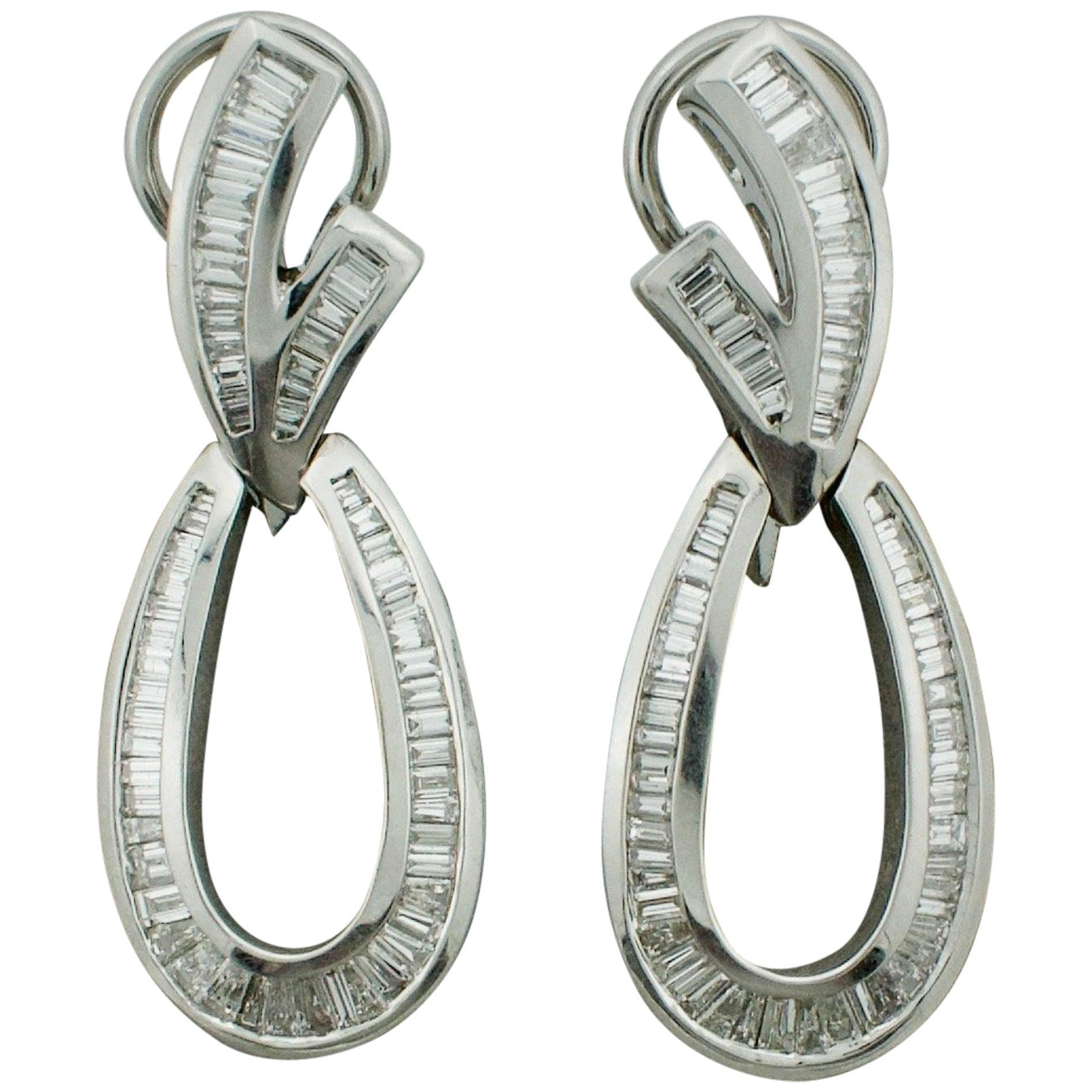 Dangling Diamond Baguette Earrings in White Gold 2.50 Carat