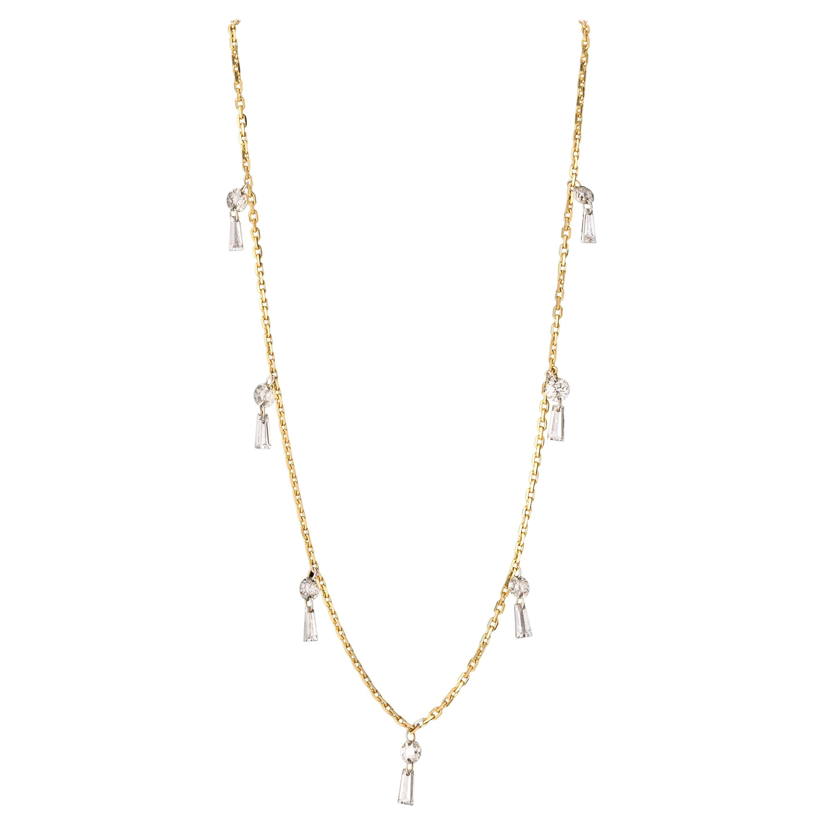 Dangling Diamond Baguette Necklace 18 Karat Gold For Sale