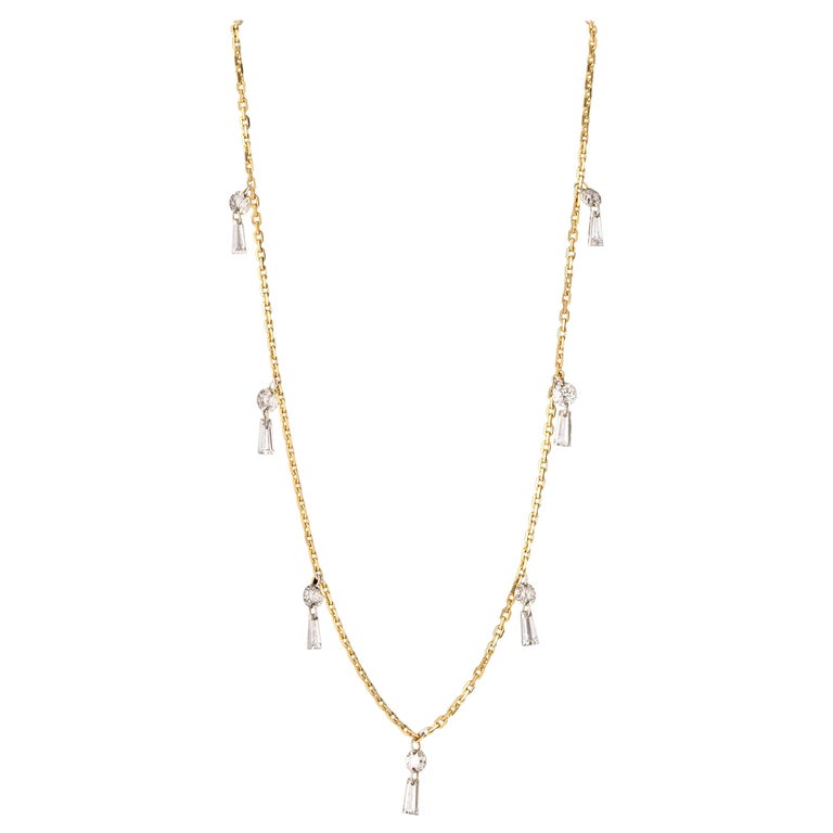 Dangling Diamond Baguette Necklace 18 Karat Gold For Sale at 1stDibs