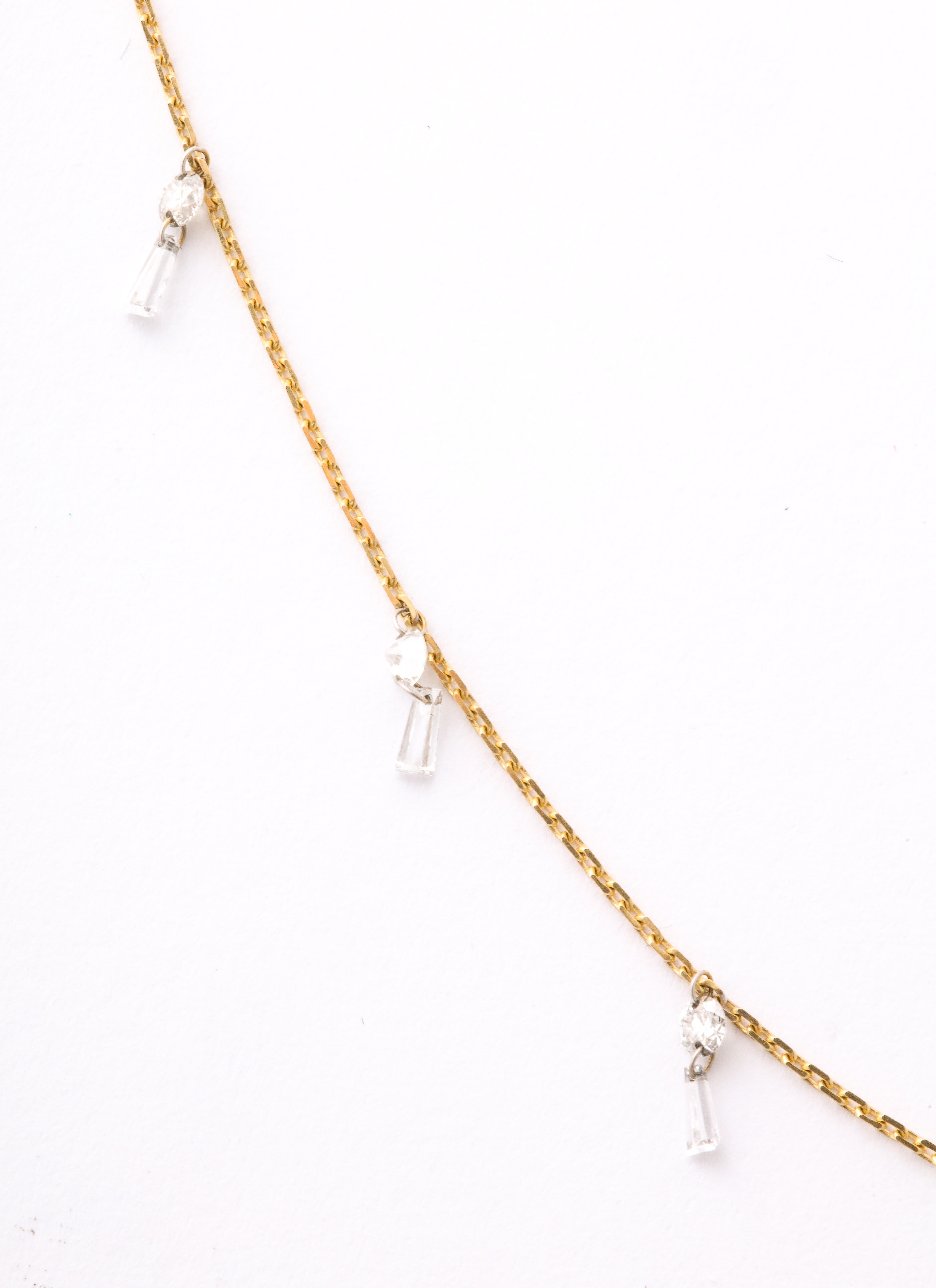 Dangling Diamond Baguette Necklace 18 Karat Gold In New Condition For Sale In New York, NY
