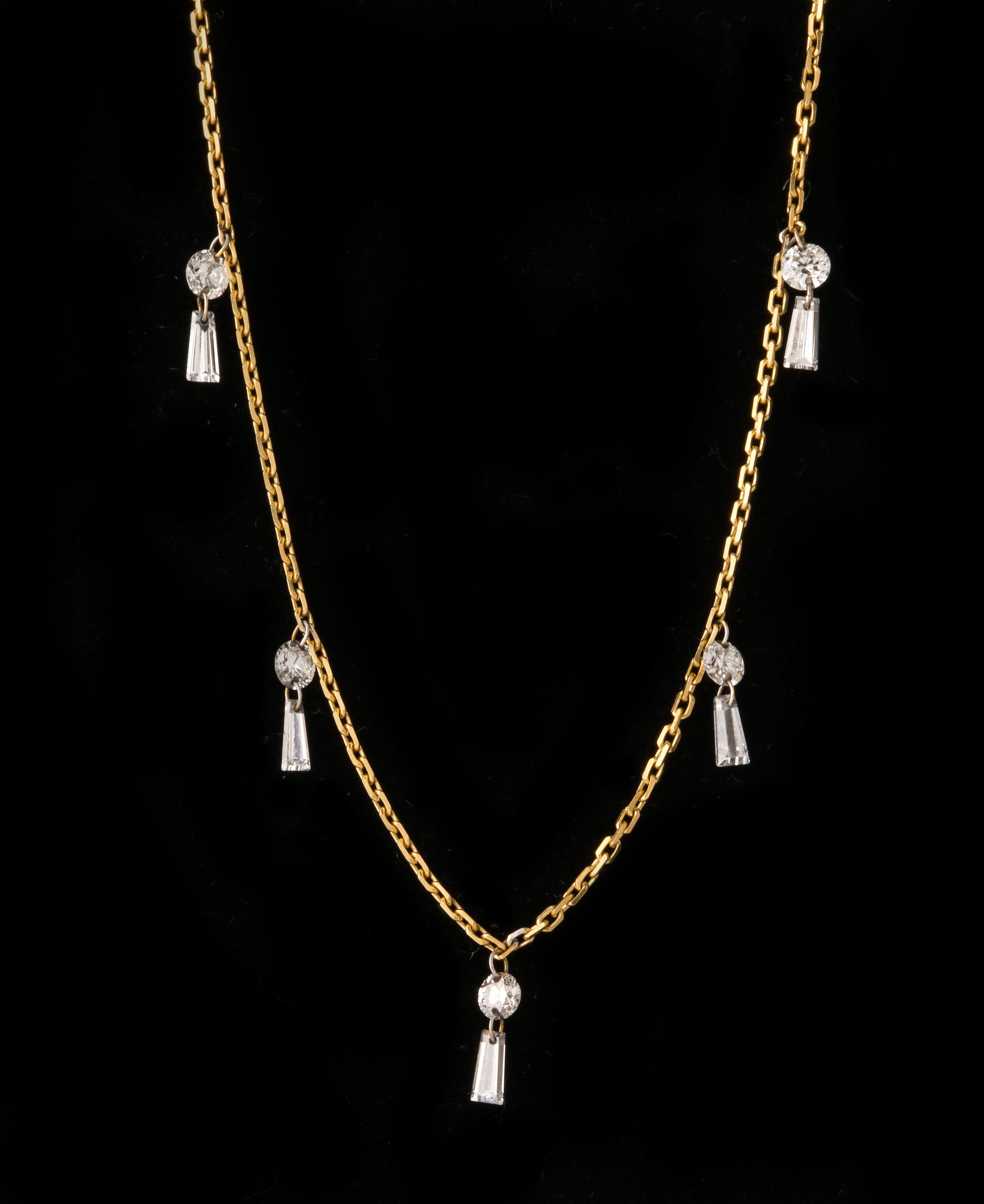 Dangling Diamond Baguette Necklace 18 Karat Gold For Sale 1