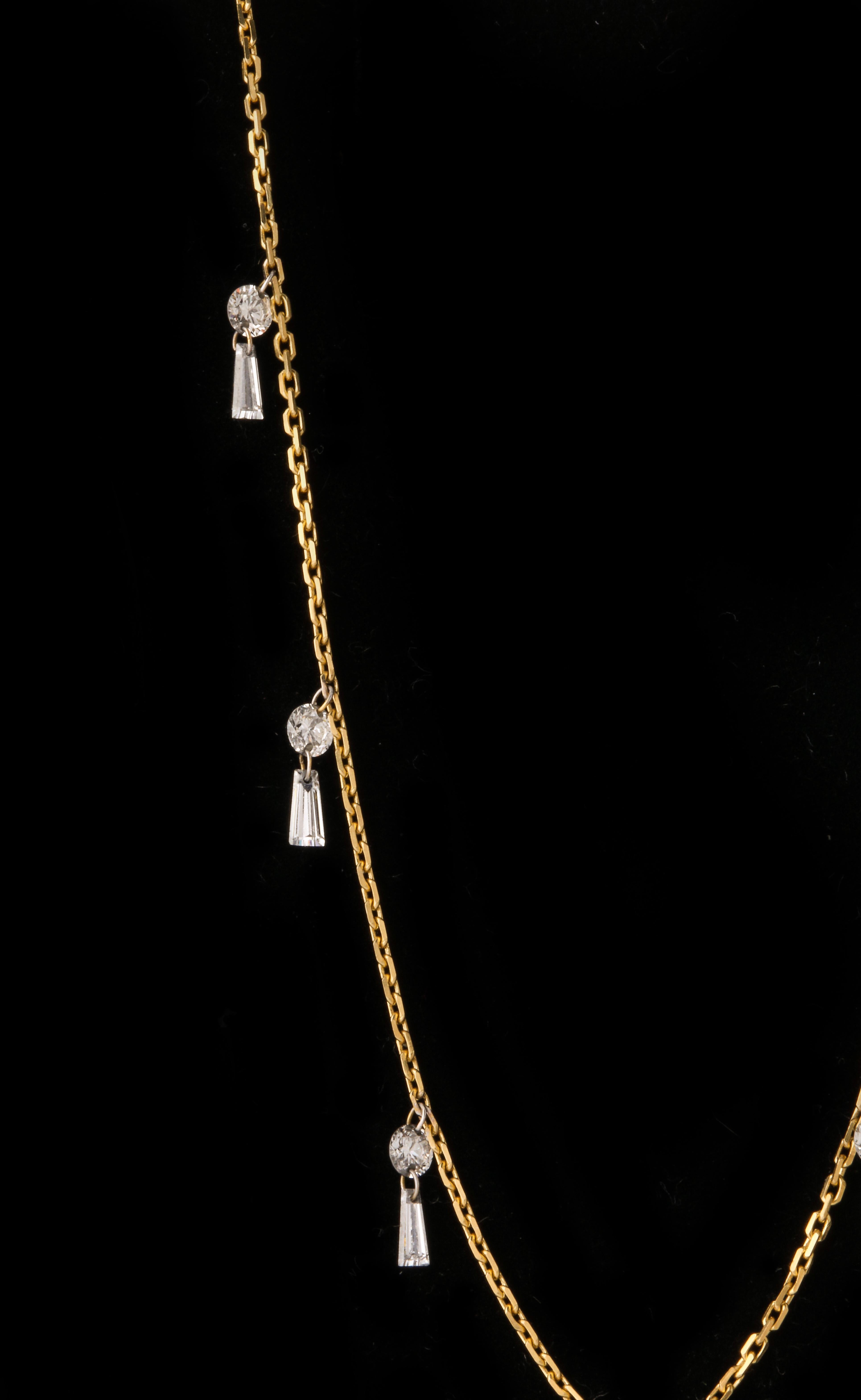 Dangling Diamond Baguette Necklace 18 Karat Gold For Sale 2