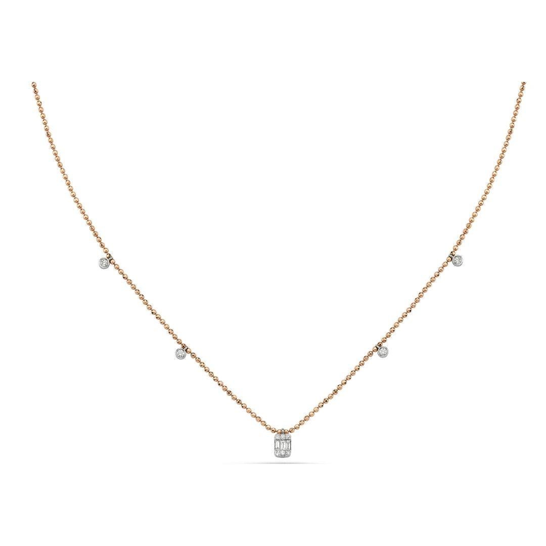 Round Cut 14k Rose Gold Dangling Diamond Bead Chain Necklace For Sale