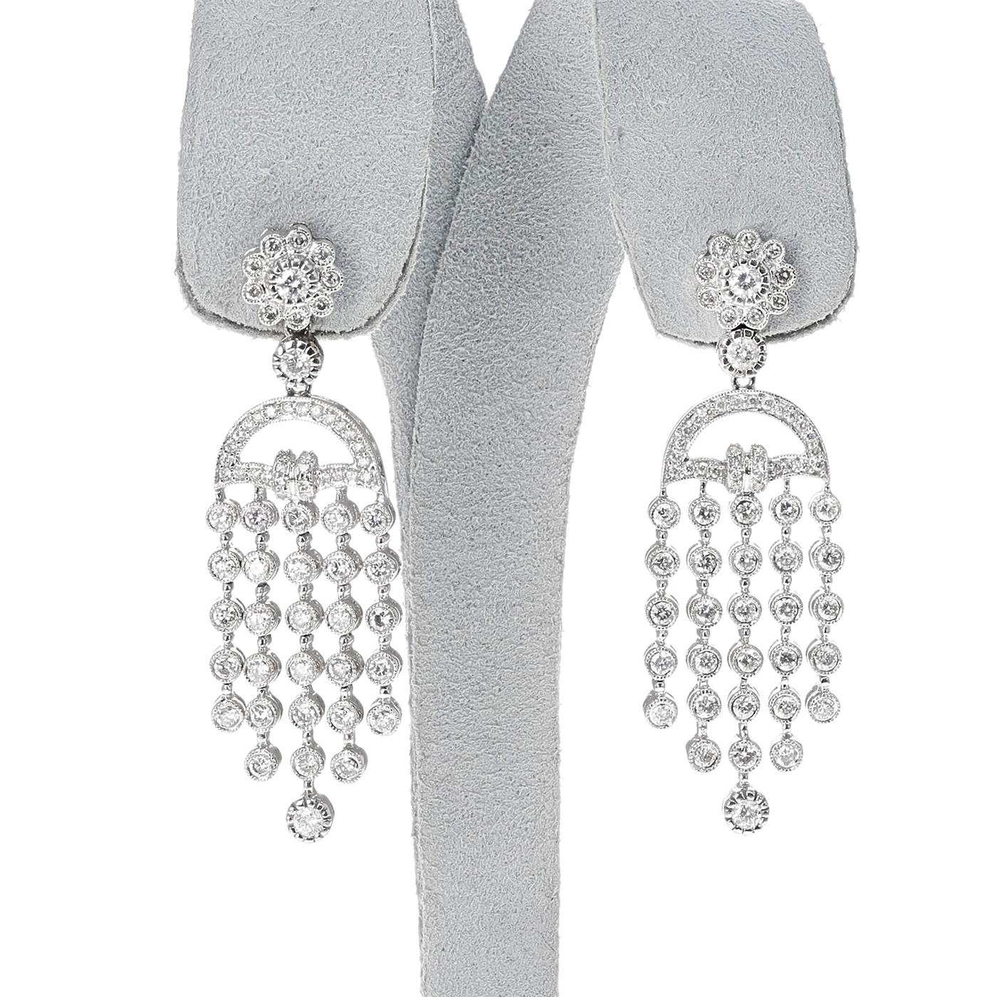Round Cut Dangling Diamond Cocktail Earrings, 14k For Sale