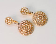 Dangling Diamond Covered Medallion Disk Yellow Gold Earrings