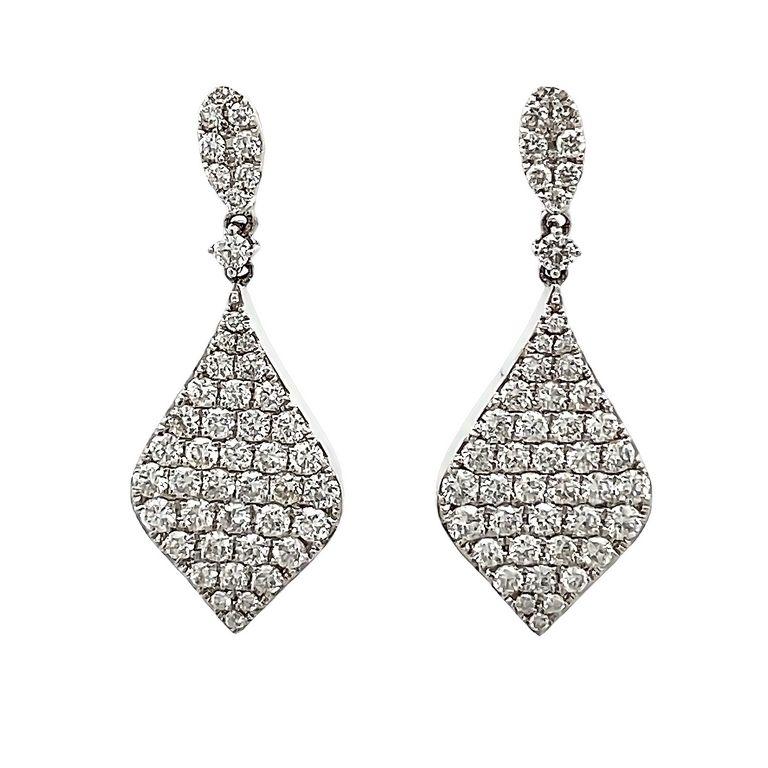 Are you looking for that perfect combination of glamorous and trendy? Look no further than this pair of fashion earrings. Crafted with precision in 18k white gold, these dangling diamond earrings boast a stunning total of 1.65 CT brilliance. Each