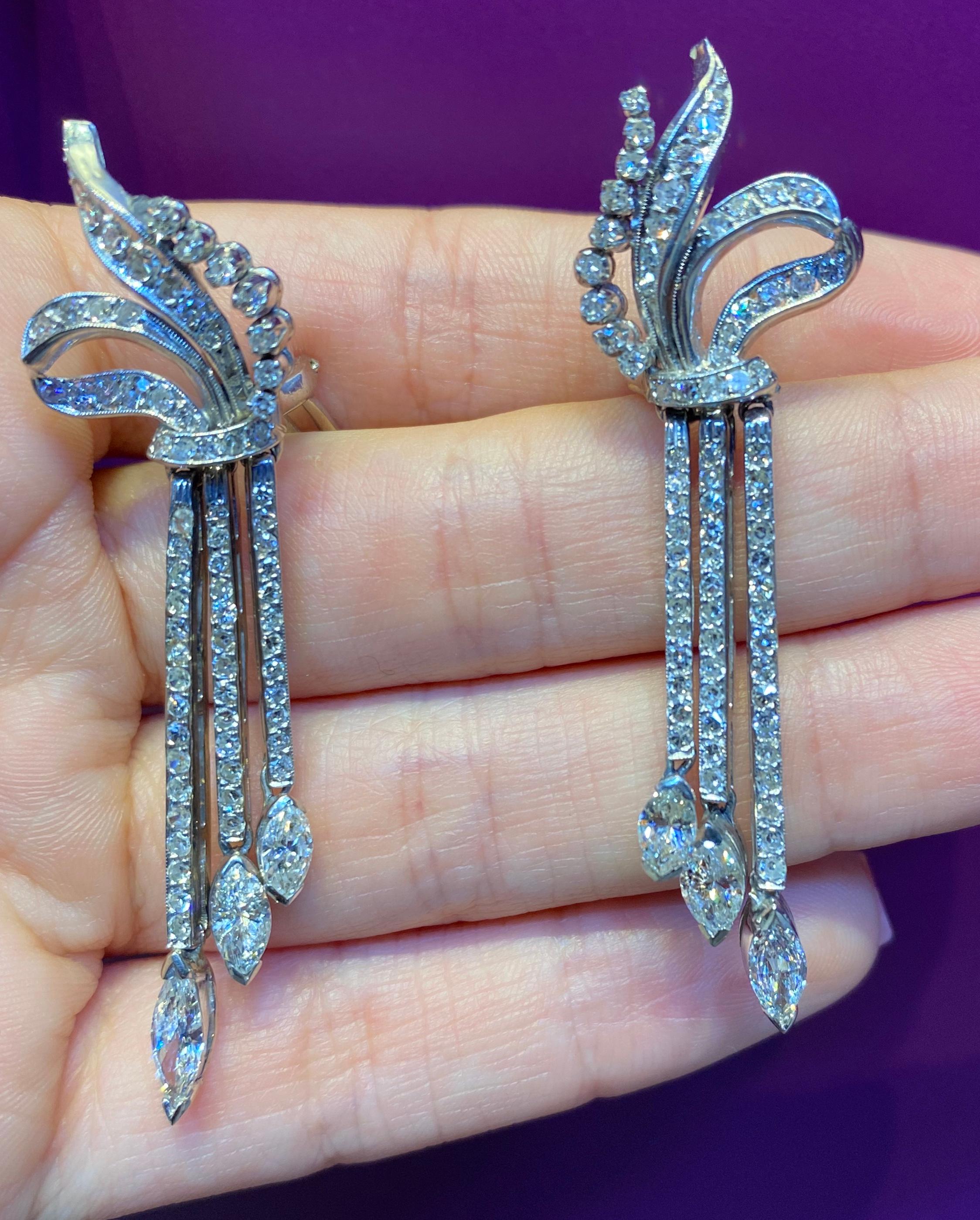 Marquise Cut Dangling Diamond Earrings For Sale