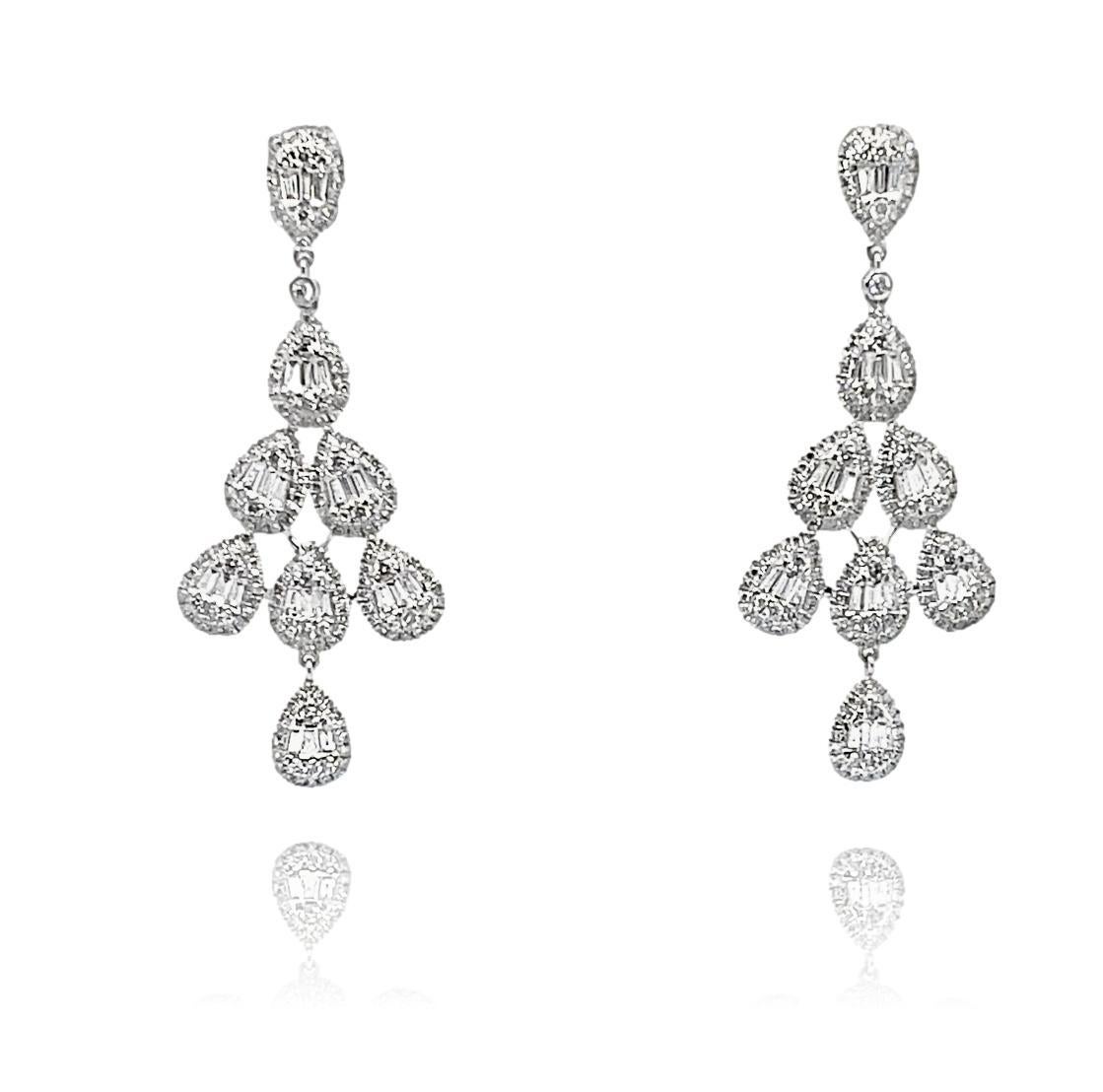 Tapered Baguette Dangling Diamond Earrings in 14K White Gold For Sale