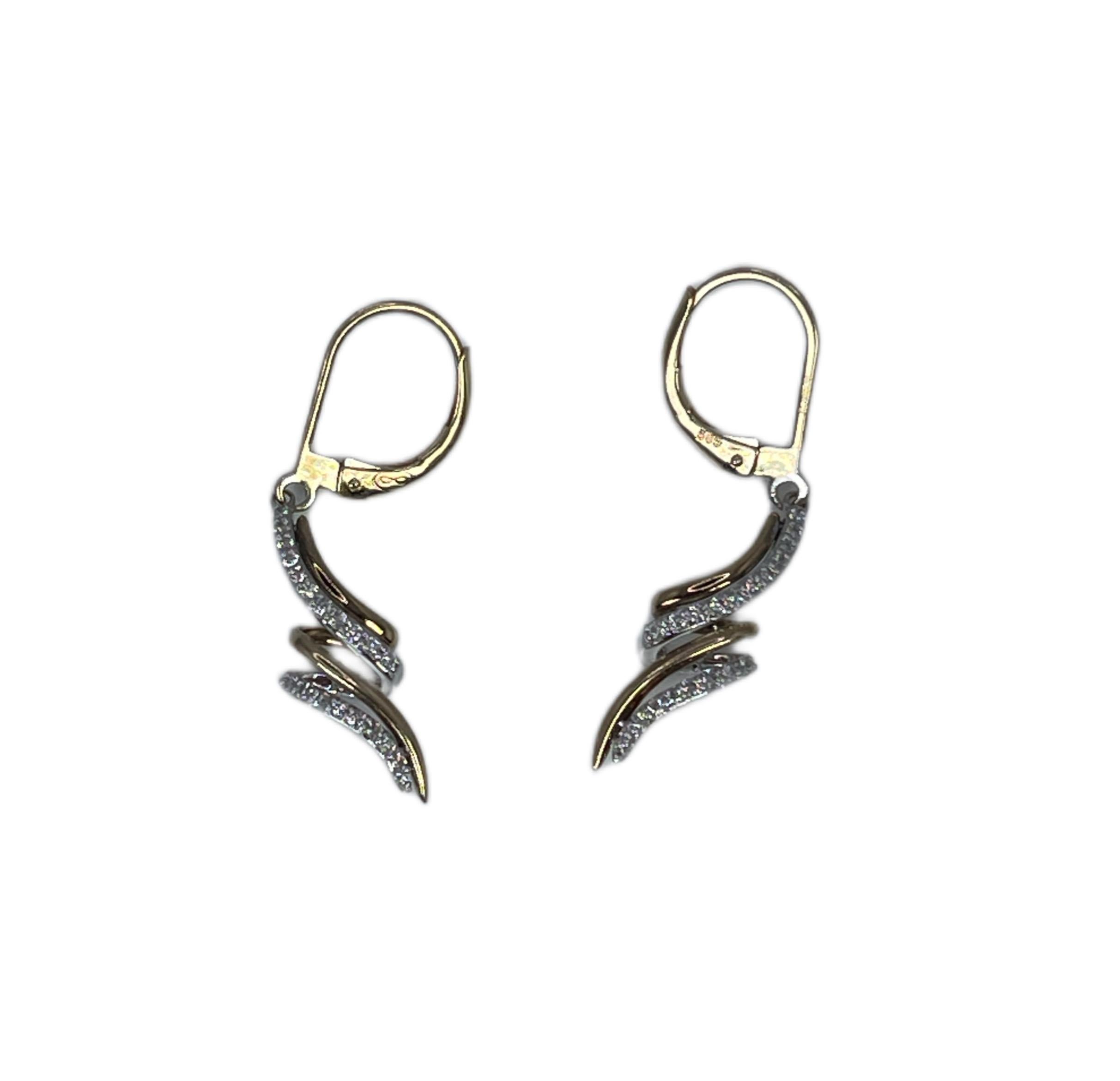 Modern Dangling Diamond Earrings in 14KT yellow & white gold Leverback Twist Design  For Sale