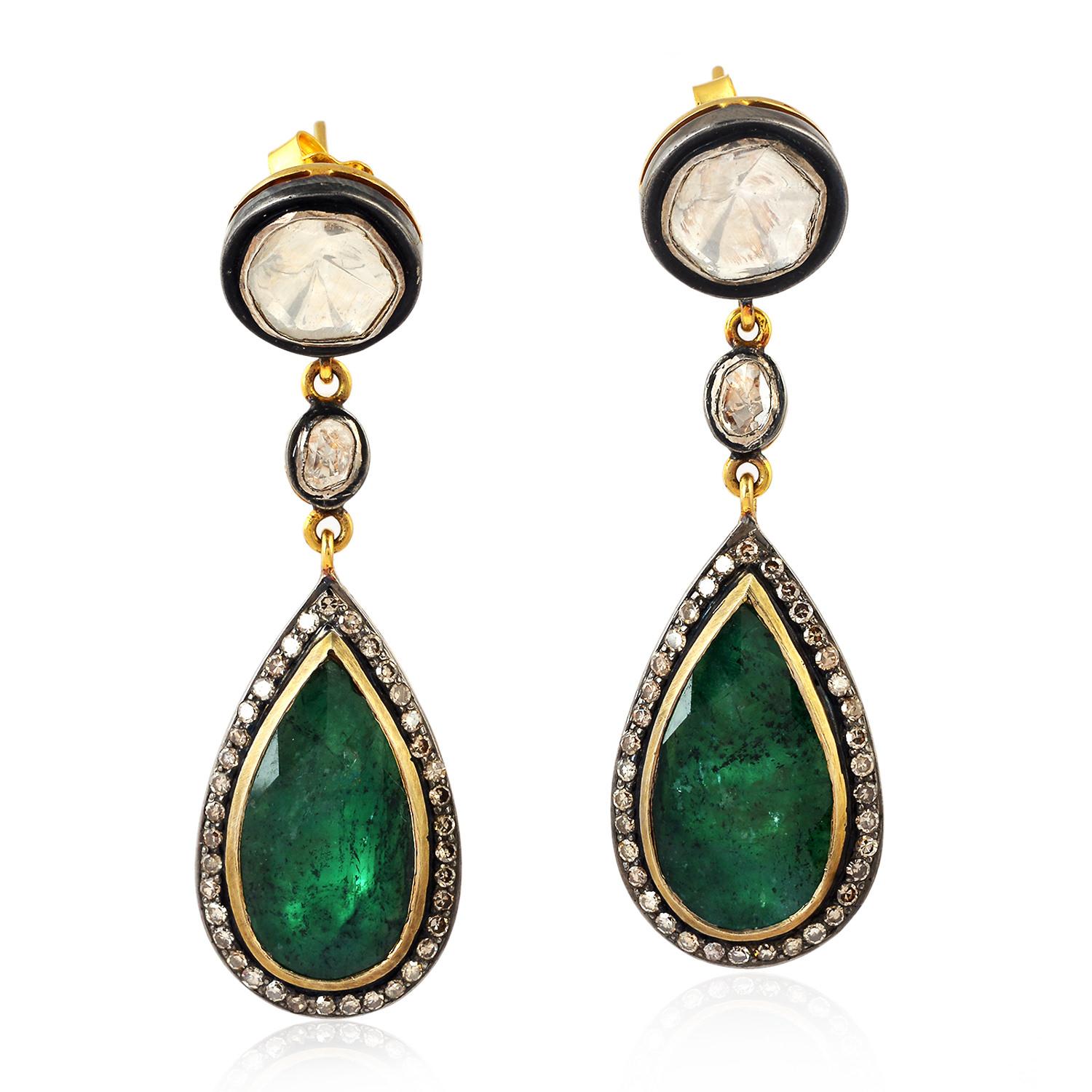 Early Victorian Dangling Diamond and Emerald Earring in Silver and Gold