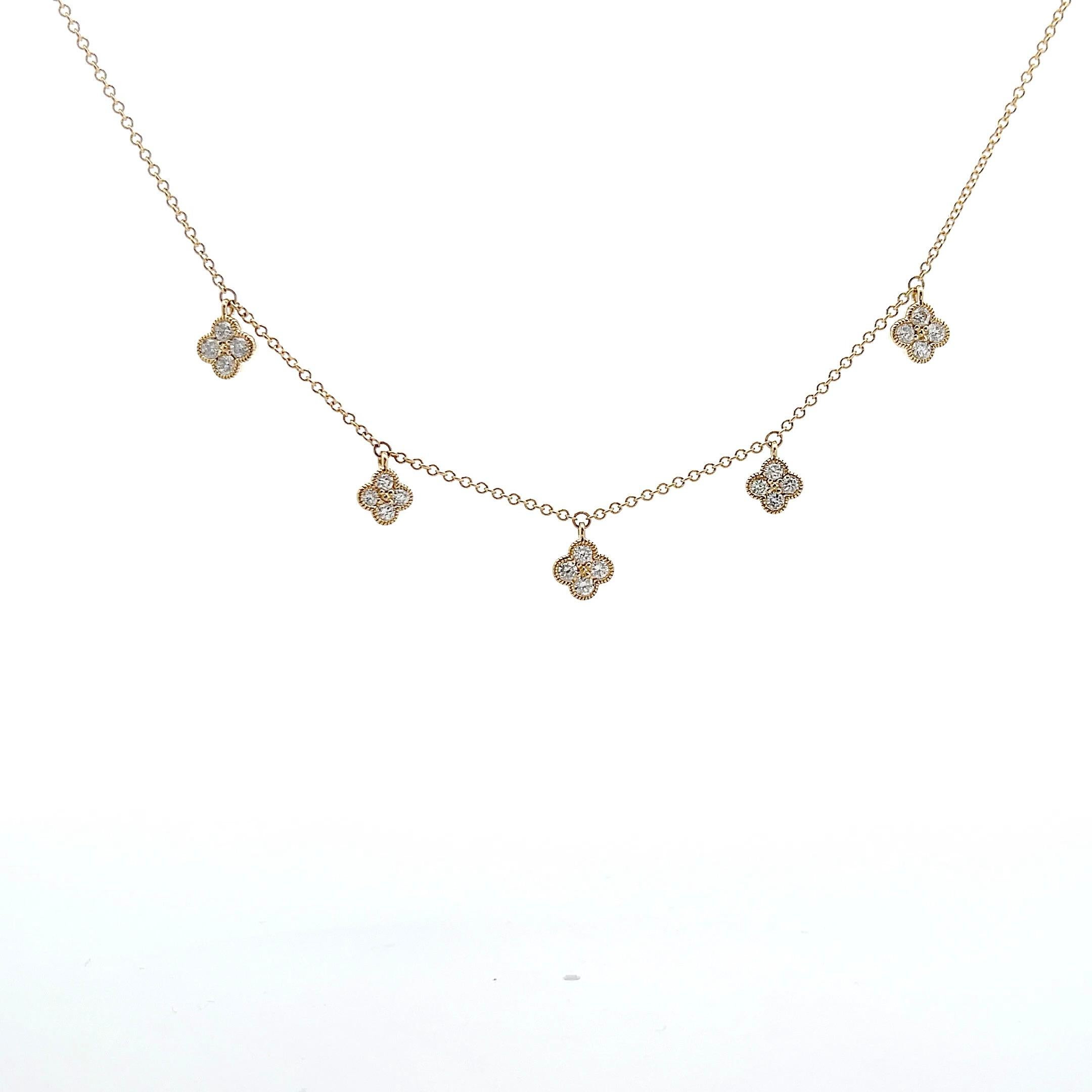 Round Cut Dangling Diamond Flower Motif Necklace 0.78 Carats in Yellow Gold For Sale