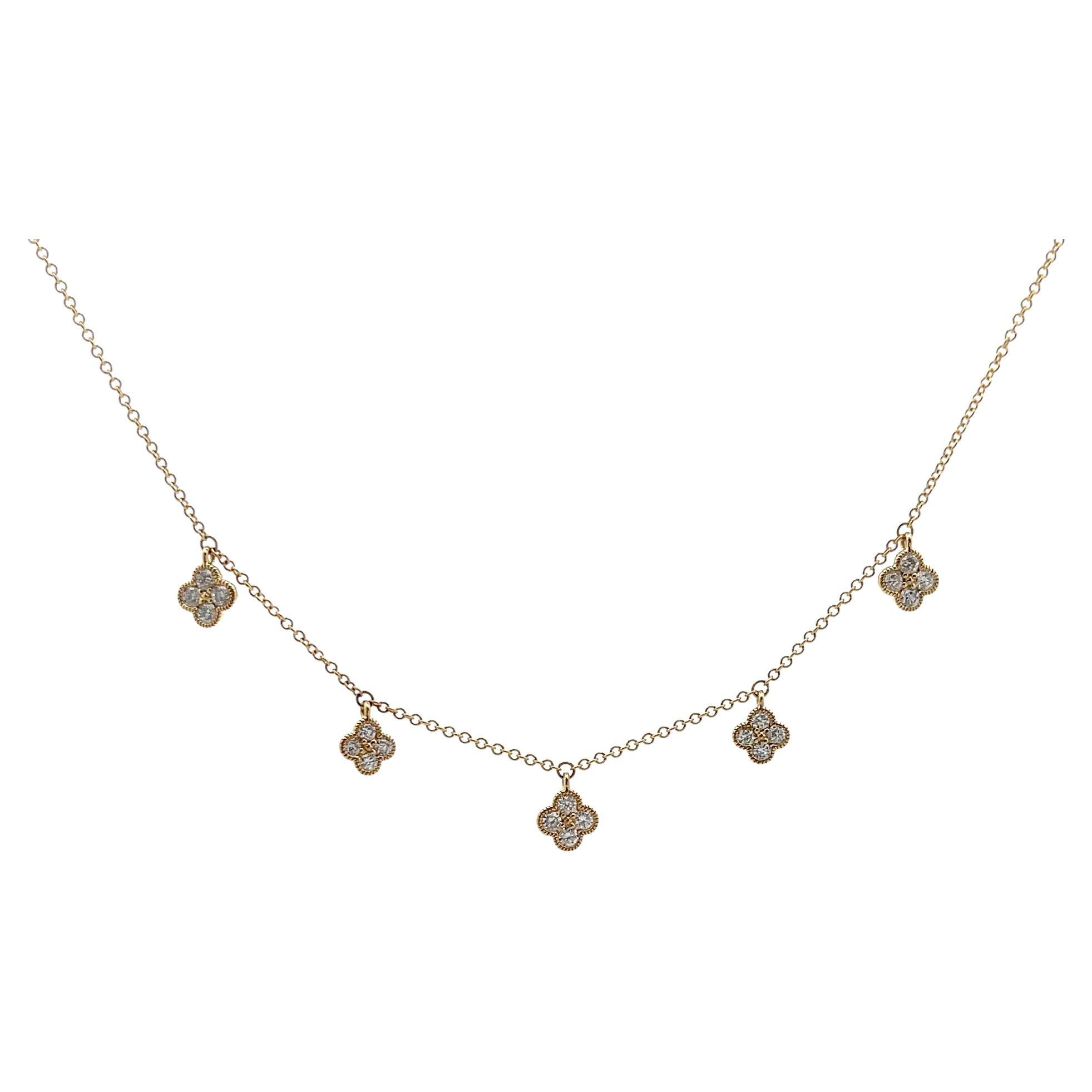 Dangling Diamond Flower Motif Necklace 0.78 Carats in Yellow Gold For Sale