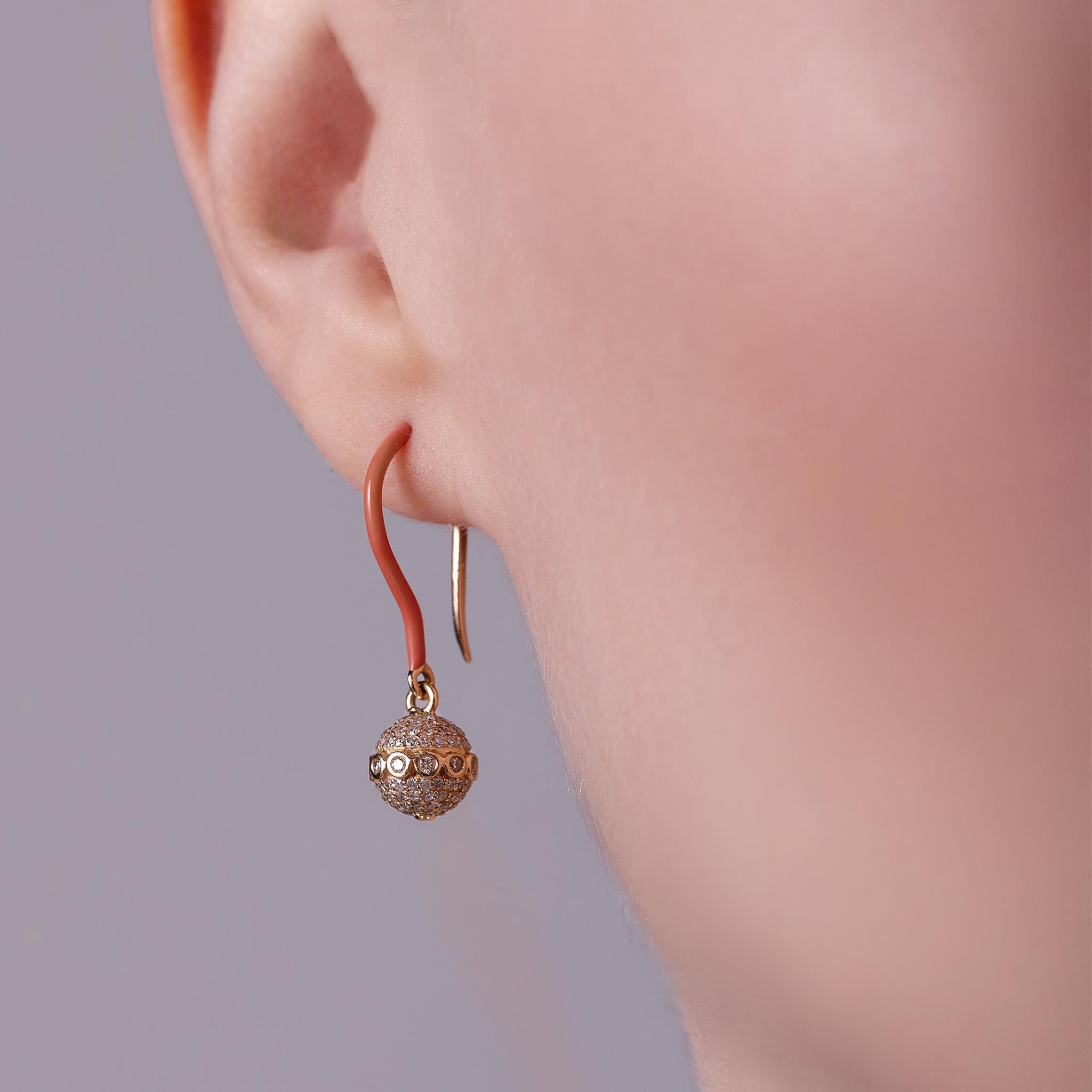 Brilliant Cut Dangling Diamond Orb Hangers in 18k Yellow Gold with Enamel For Sale