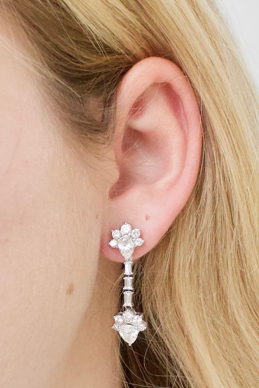 Dangling Diamond Platinum Earrings Circa 1950's 4.20 cts. Total Weight For Sale 2