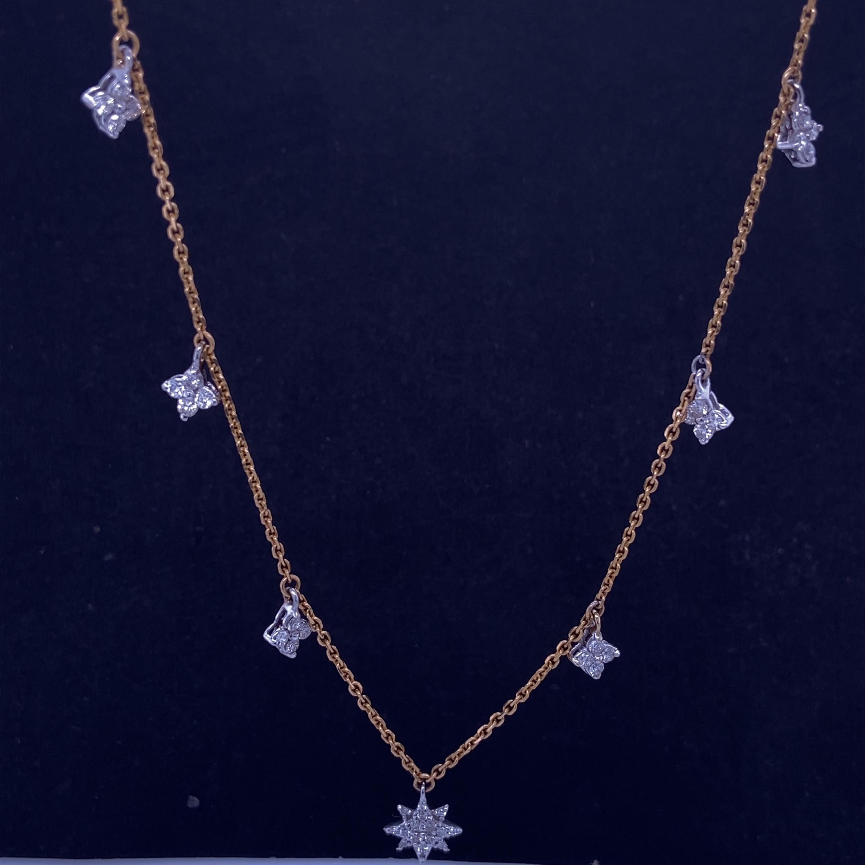Halskette mit baumelnden Diamantensternen aus 18k massivem Gold (Art déco) im Angebot