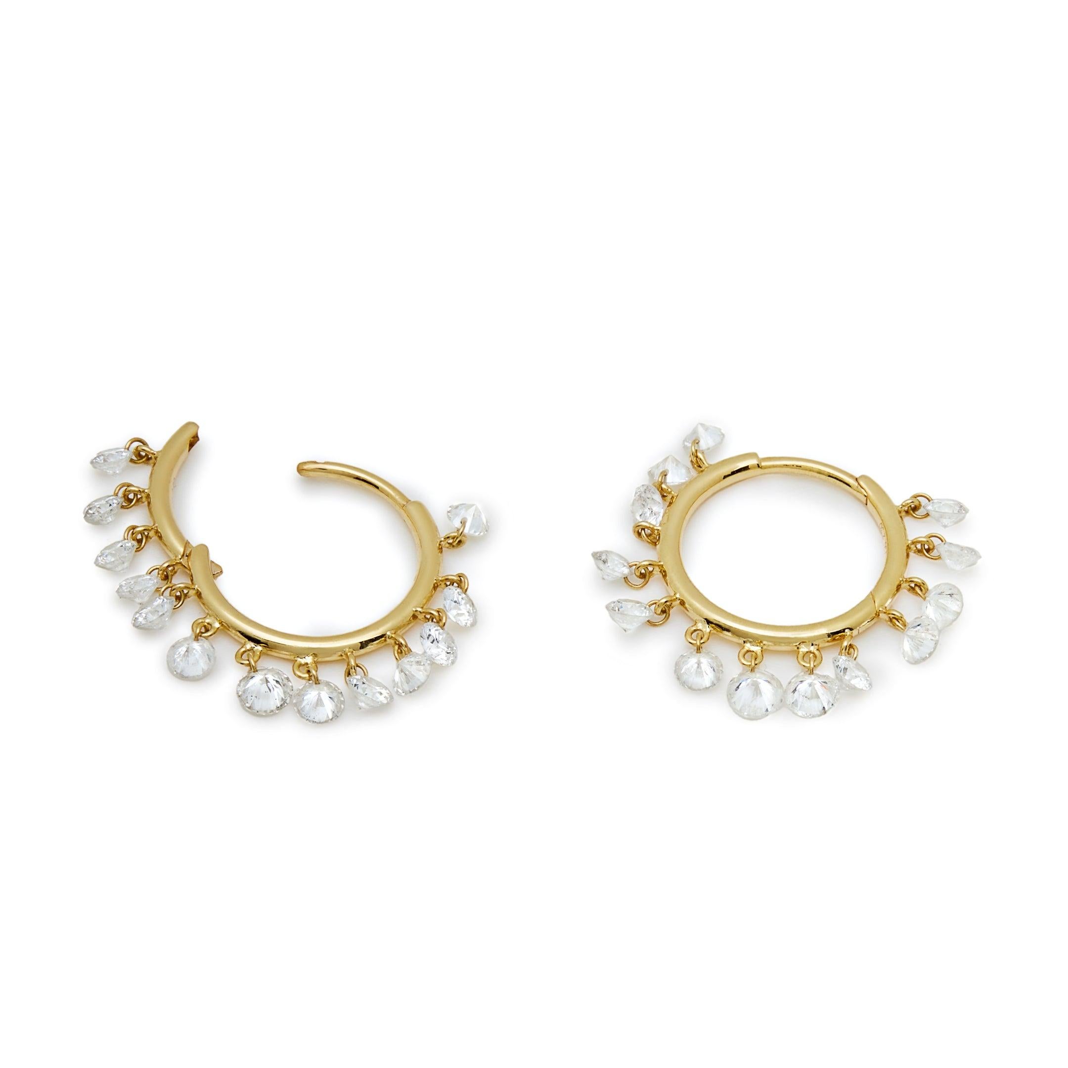 Contemporary 2.4 Carat Dangling Diamond Yellow Gold Hoops For Sale