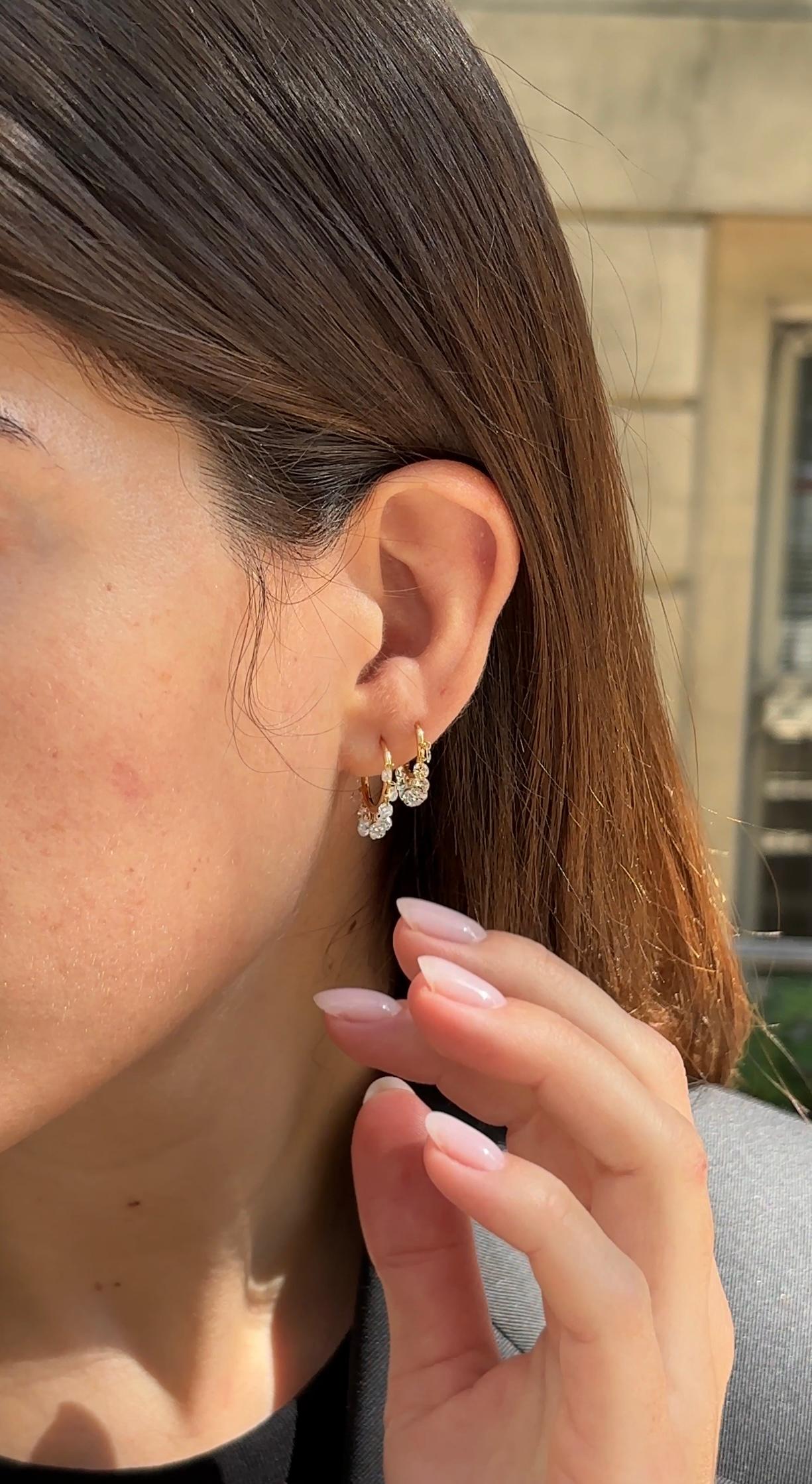 Single Cut 2.4 Carat Dangling Diamond Yellow Gold Hoops For Sale