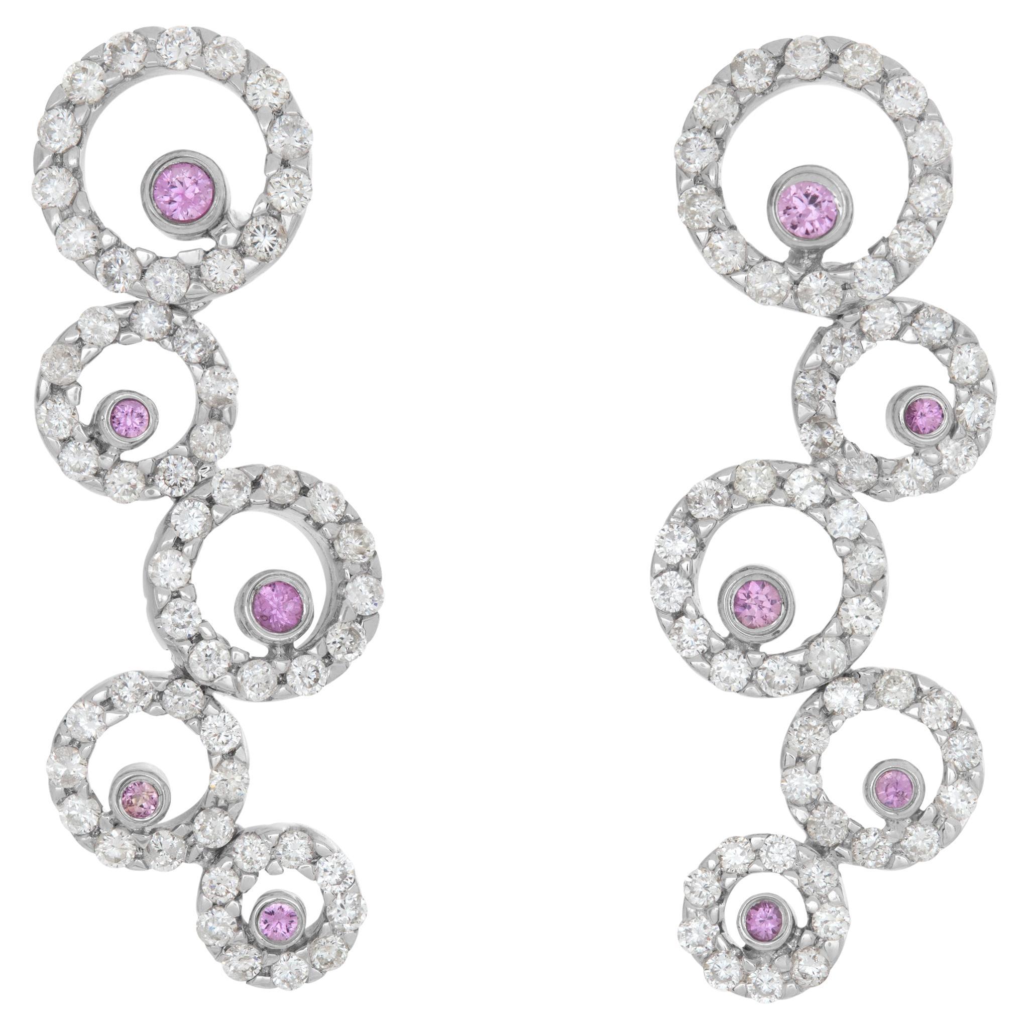 Dangling Diamonds Halo Circle 14k White Gold Earrings with Round Cut For Sale