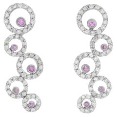 Vintage Dangling Diamonds Halo Circle 14K White Gold Earrings with Round Cut Torumaline