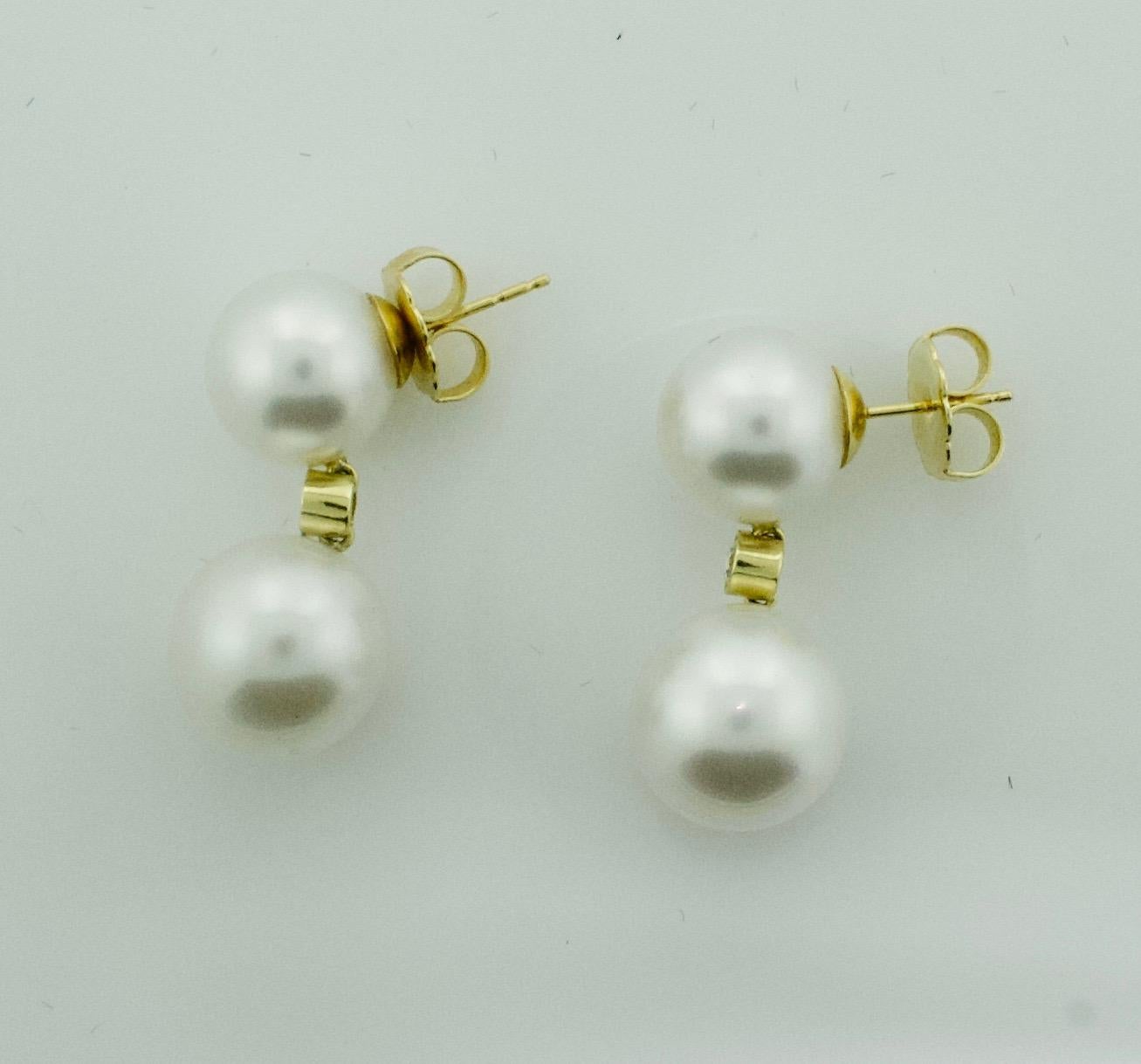 Modern Dangling Double South Sea Pearl and Diamond Earrings For Sale