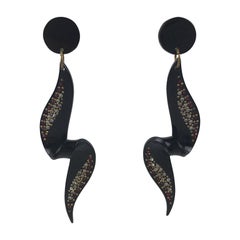 Vintage Dangling Drop Black Lucite Clip Earrings with Red Crystal Rhinestones