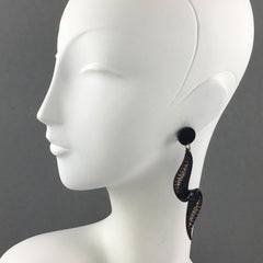 Dangling Drop Black Resin Clip Earrings with Red Crystal Rhinestones