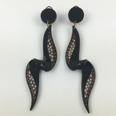 Dangling Drop Black Resin Clip Earrings with Red Crystal Rhinestones